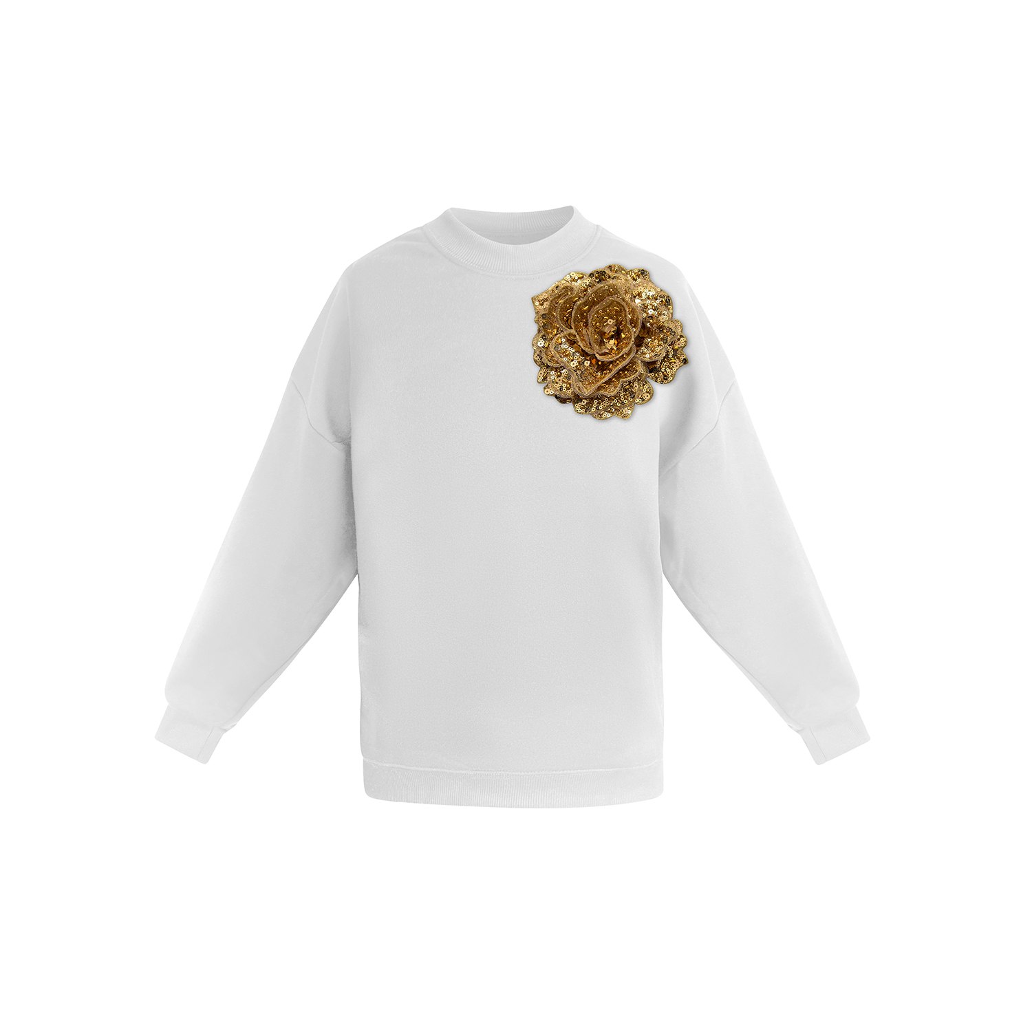 Toma Women's White / Gold White Sweatshirt With Top Side Gold Sequin Rose In White
