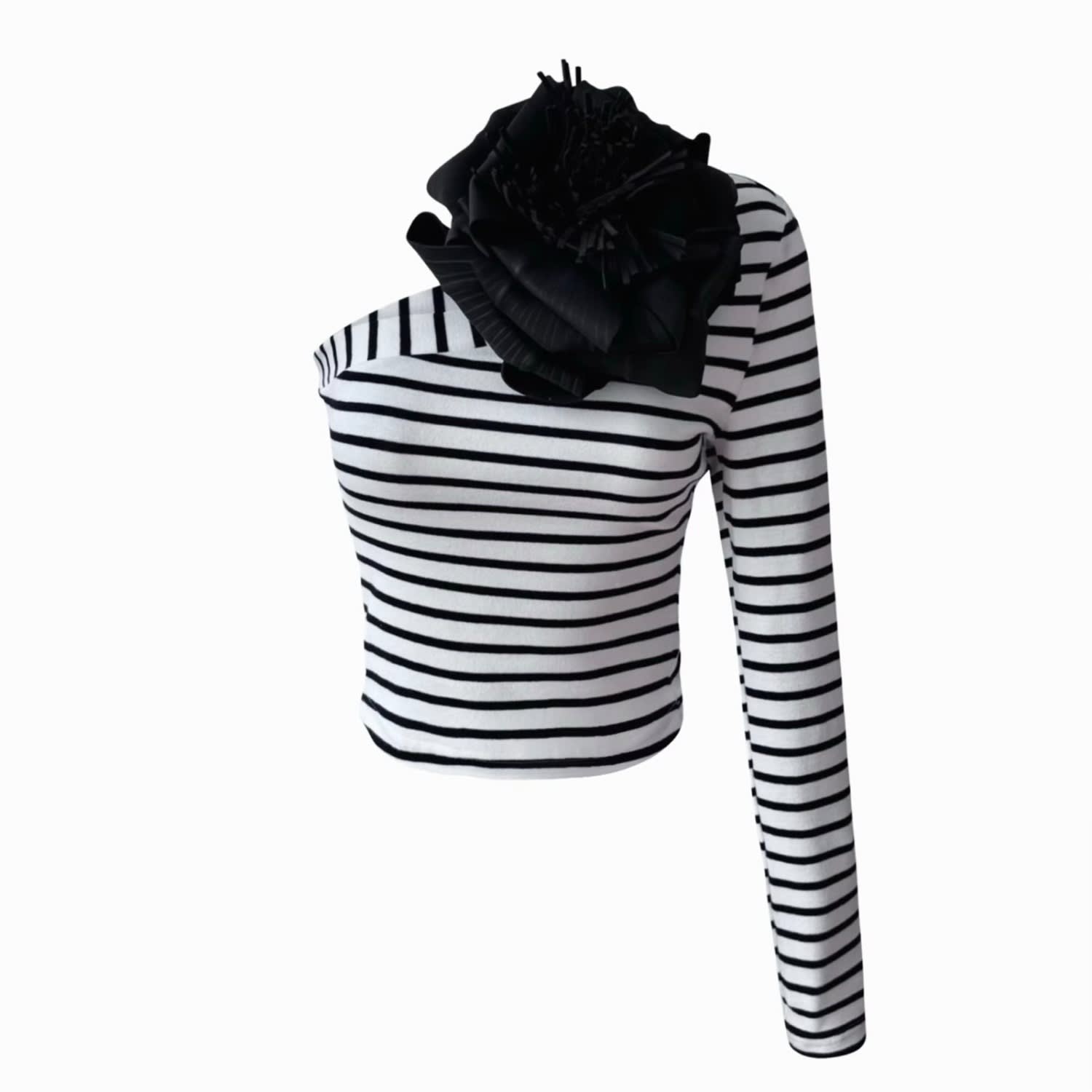 Striped One Sleeve Top With Black Flower Pin | London Striped One Sleeve Top With Black Flower Pin | London