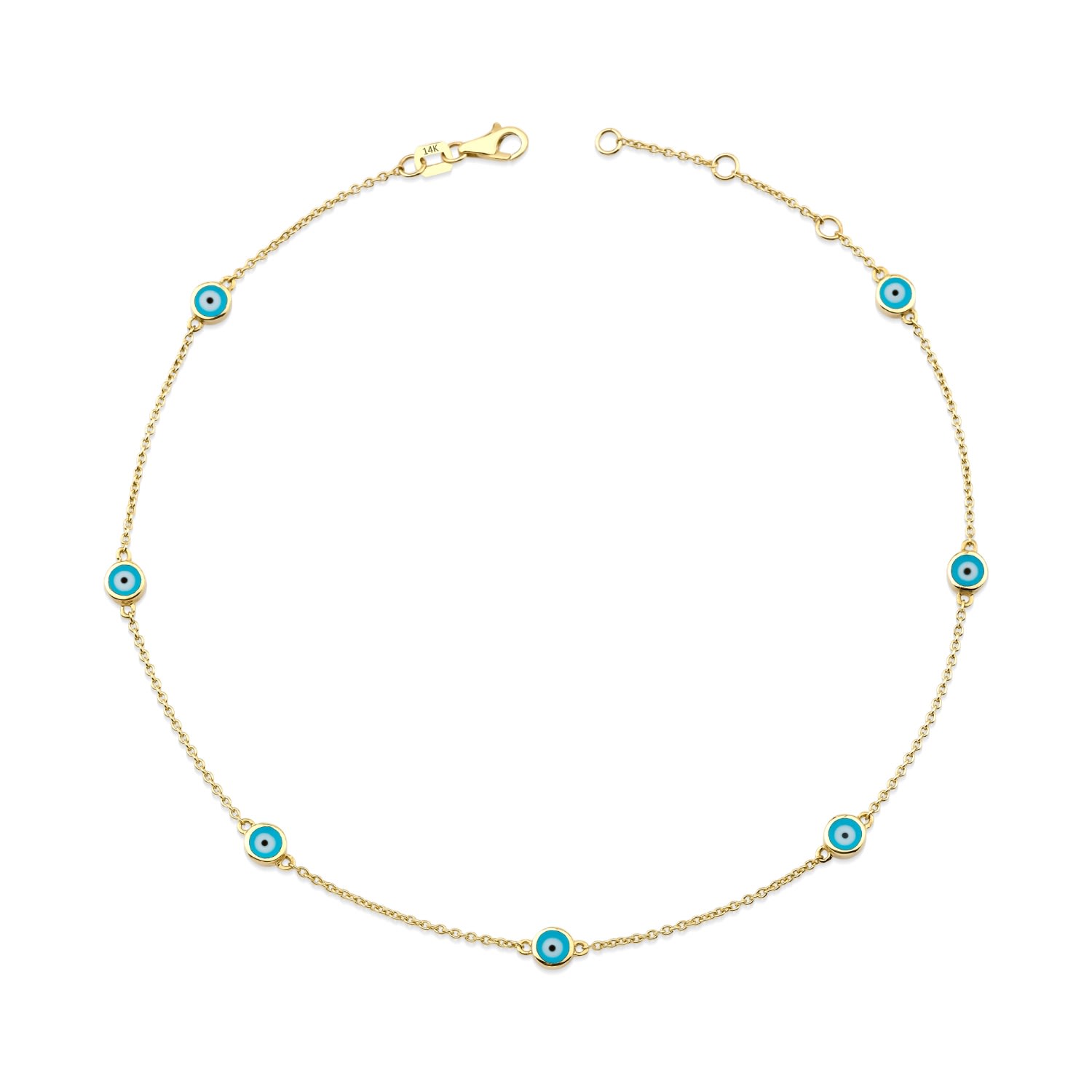 Jewelsty Fine Jewelry Women's Evil Eye Anklet, Sky Blue Seven Evil Eye Ankle Bracelet, Solid Gold Anklet In Blue