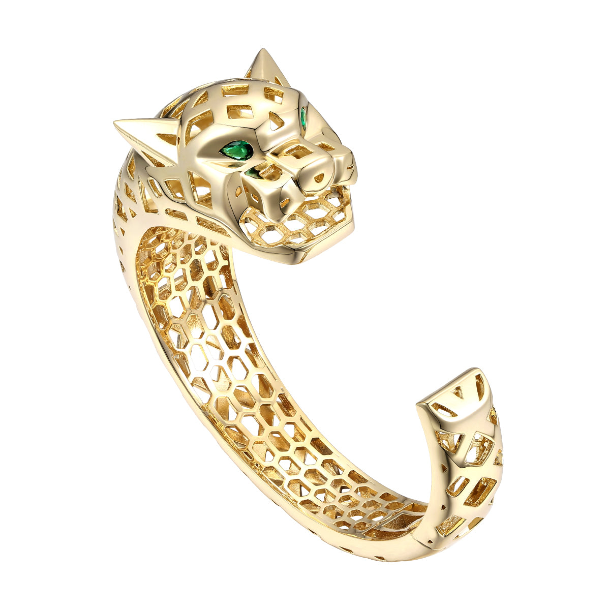 Women’s Gold / Green Rachel Glauber Gold Plated Sterling Silver With Emerald Cubic Zirconia Jaguar Open Cuff Bangle Bracelet Genevive Jewelry