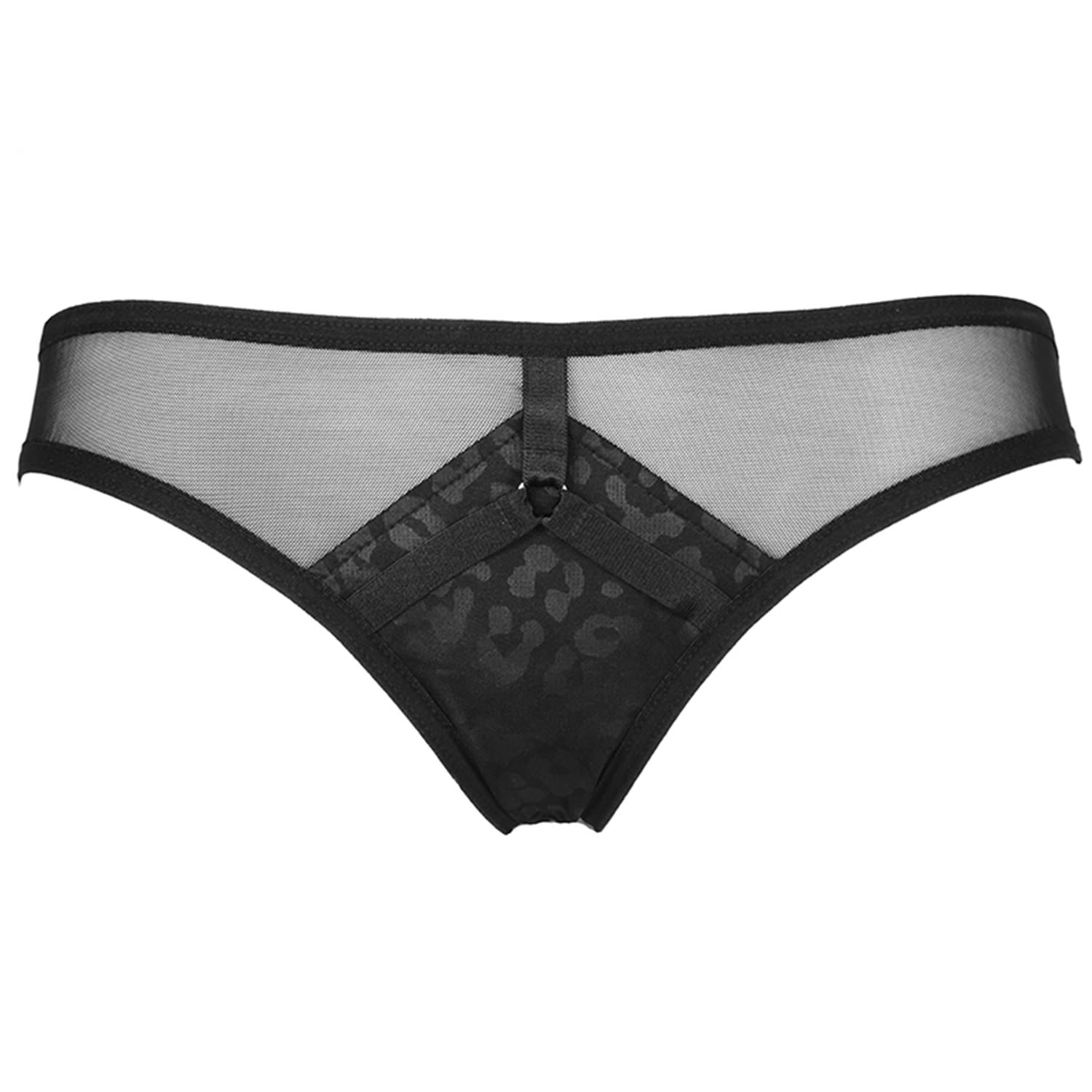 Reckless Wolf Women's Black Raw Brief - Leopard Print, Mesh, & Strapping Details In Black
