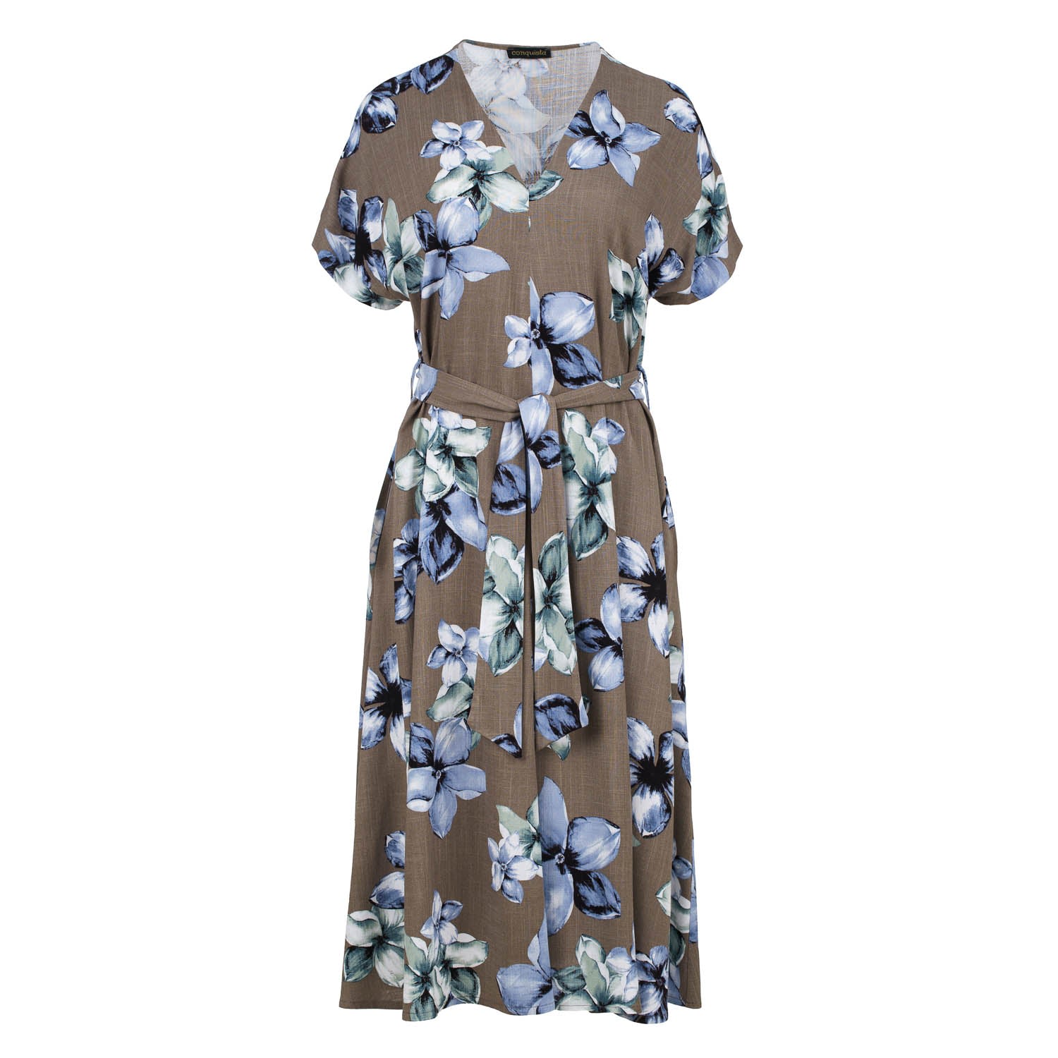 Conquista Women's Brown Linen Style Floral Print Midi Dress With Belt In Brown