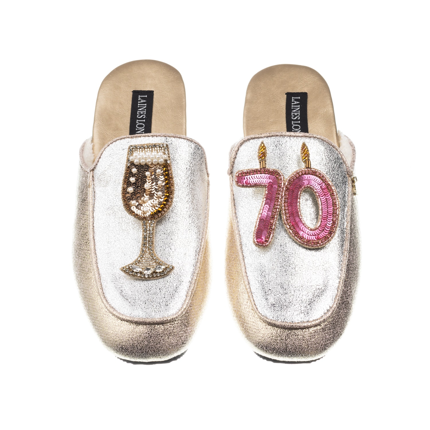 Women’s Gold / Silver Classic Mules With 70Th Birthday & Glass Of Champagne Brooches - Silver & Gold Large Laines London