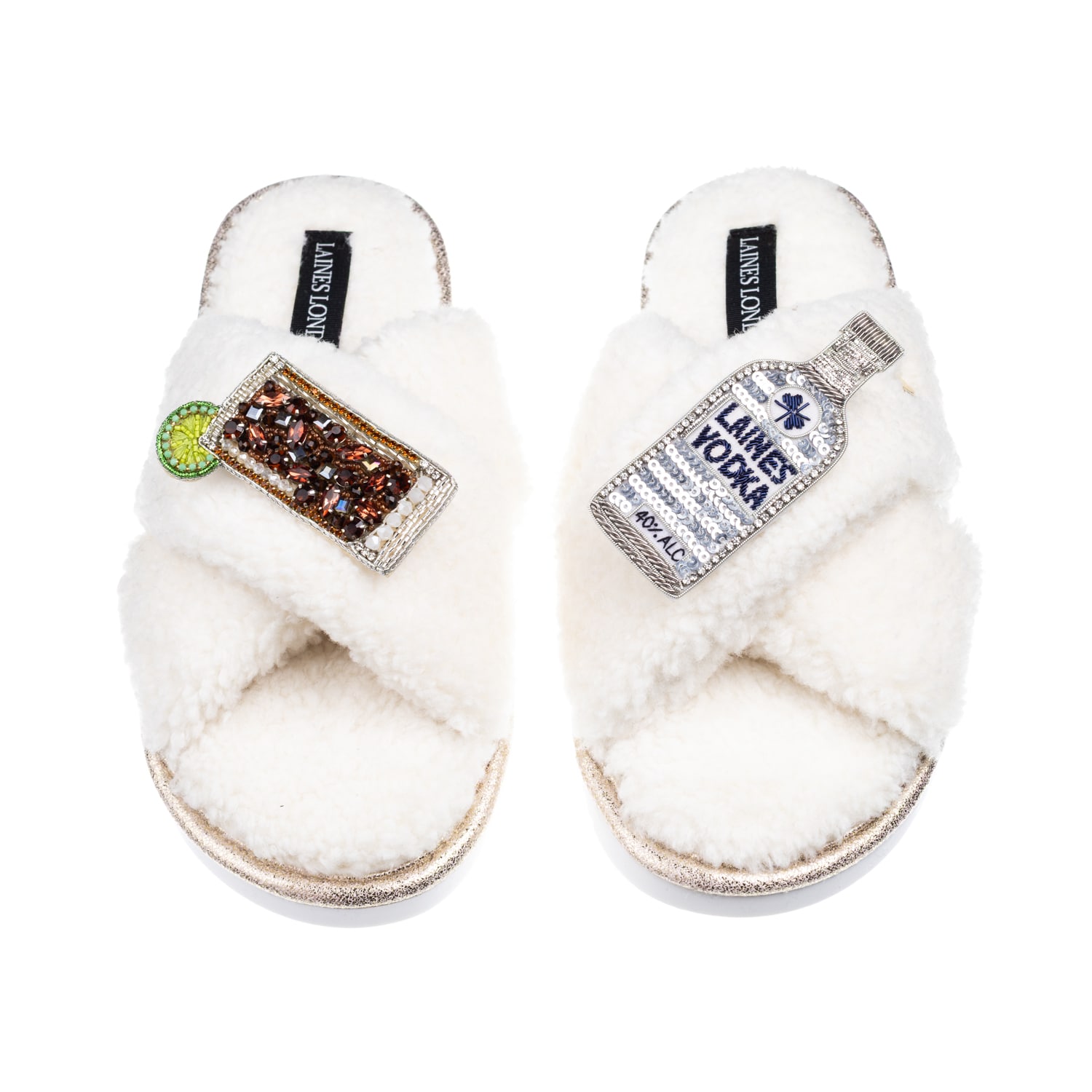 Laines London Women's Neutrals / White Laines Neutral Boucle Slippers With Vodka & Coke Brooches - Cream