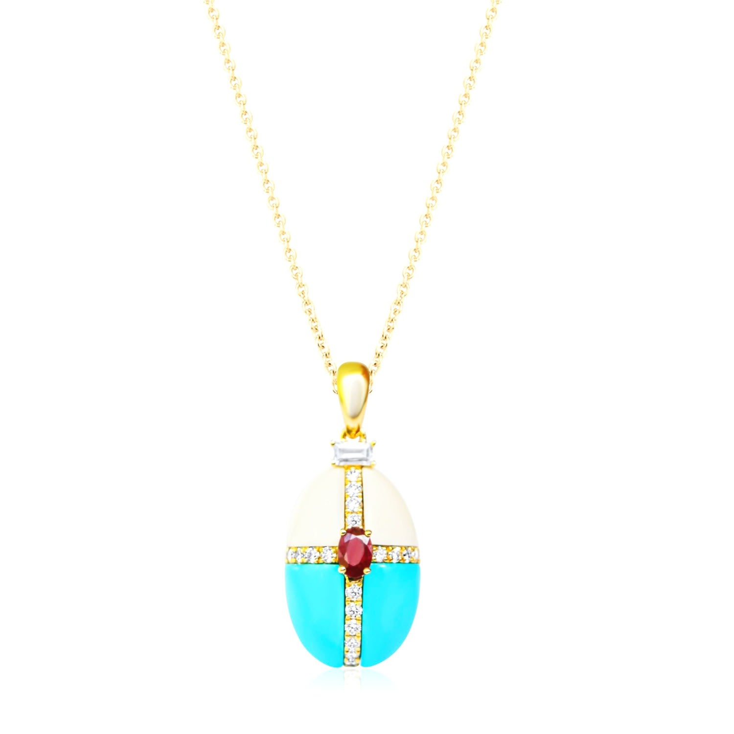 Women’s Red / Blue / White Enchanted Yellow Gold Diamond Turquoise And White Agate And Ruby Egg Locket Pendant Rinoor