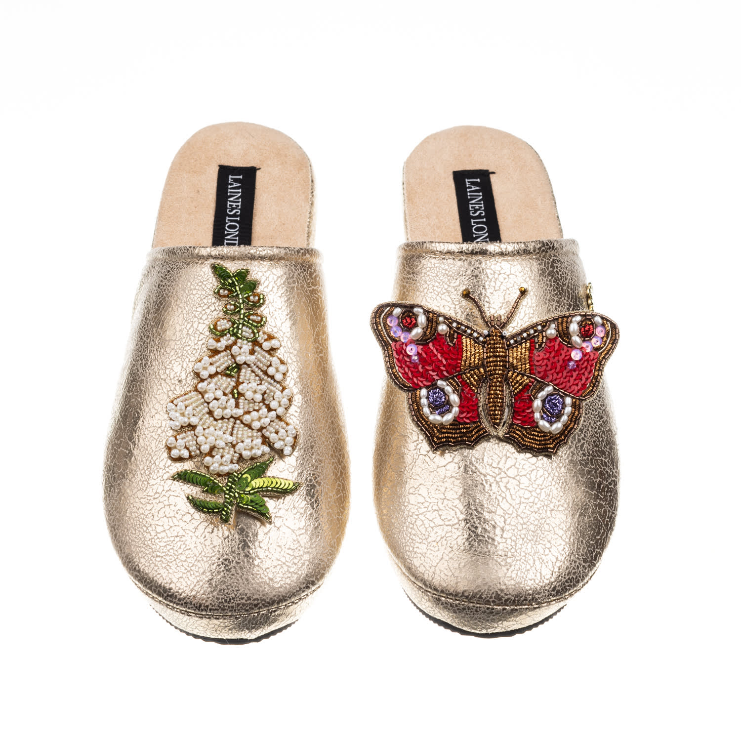 Laines London Women's  Gold Softie Slipper With White Foxglove Flowers & Butterfly Brooch In Gold