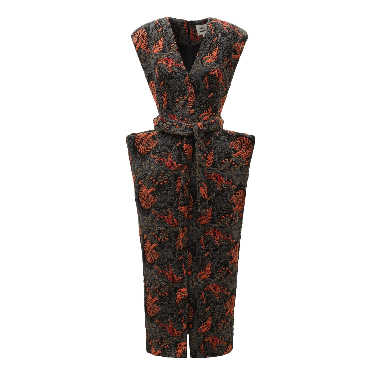 Women's Black / Red Fashion Midi Dress With Belt And Bold Shoulders Jacquard Black Red | Extra Large | Julia Allert