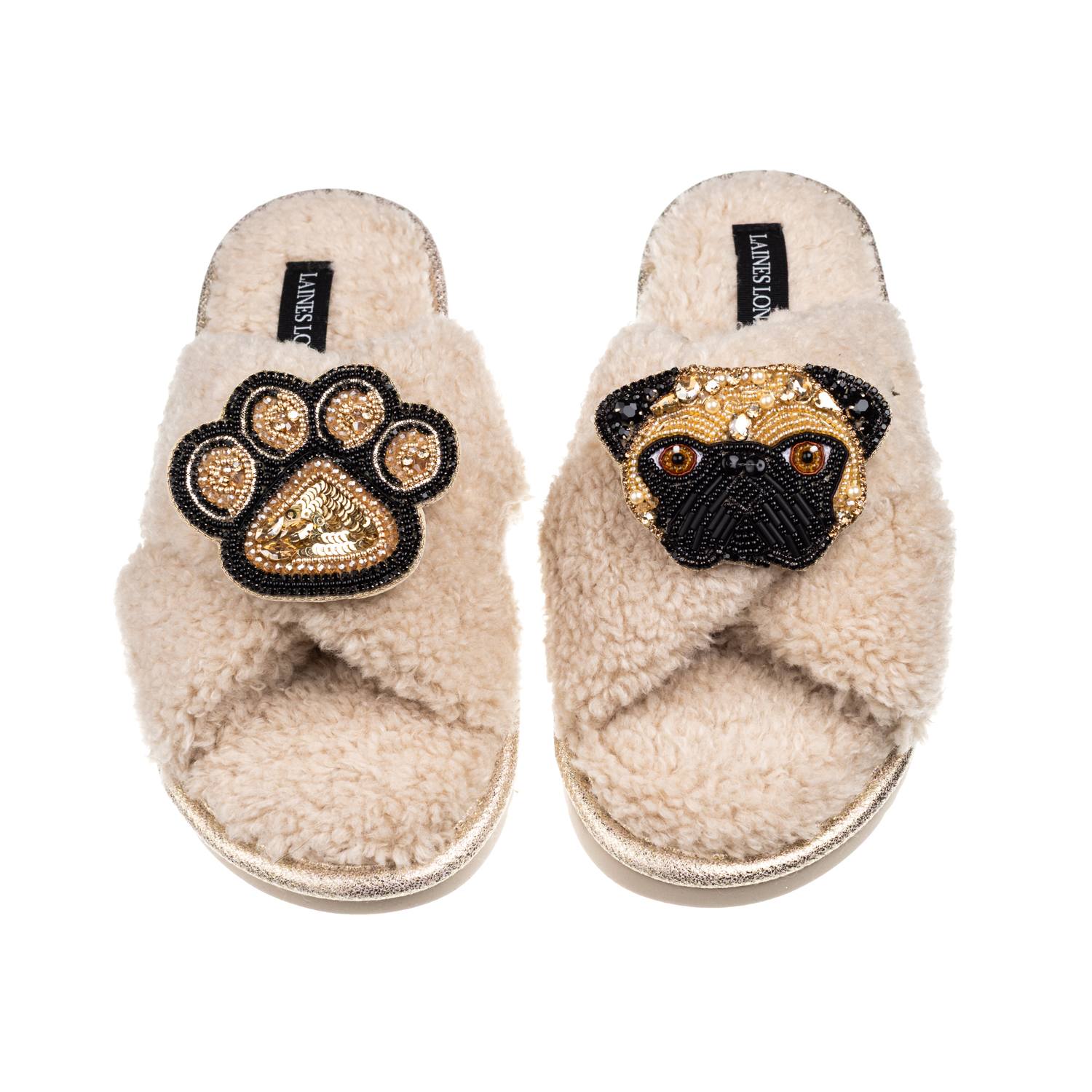 Laines London Women's Brown / Neutrals Laines Neutral Boucle Slippers With Franki Fawn Pug & Paw Brooches - Oatmea