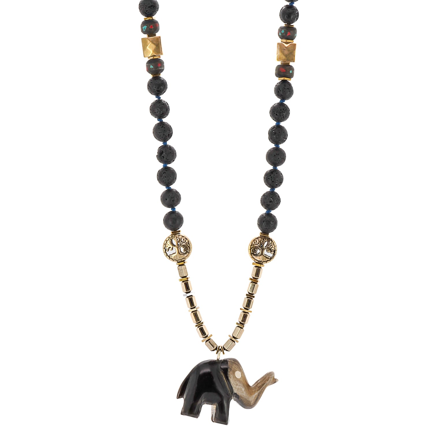 Women’s Gold / Black Lucky Nepal Elephant Pendant Black Lava Rock Stone Beaded Vintage Style Necklace Ebru Jewelry