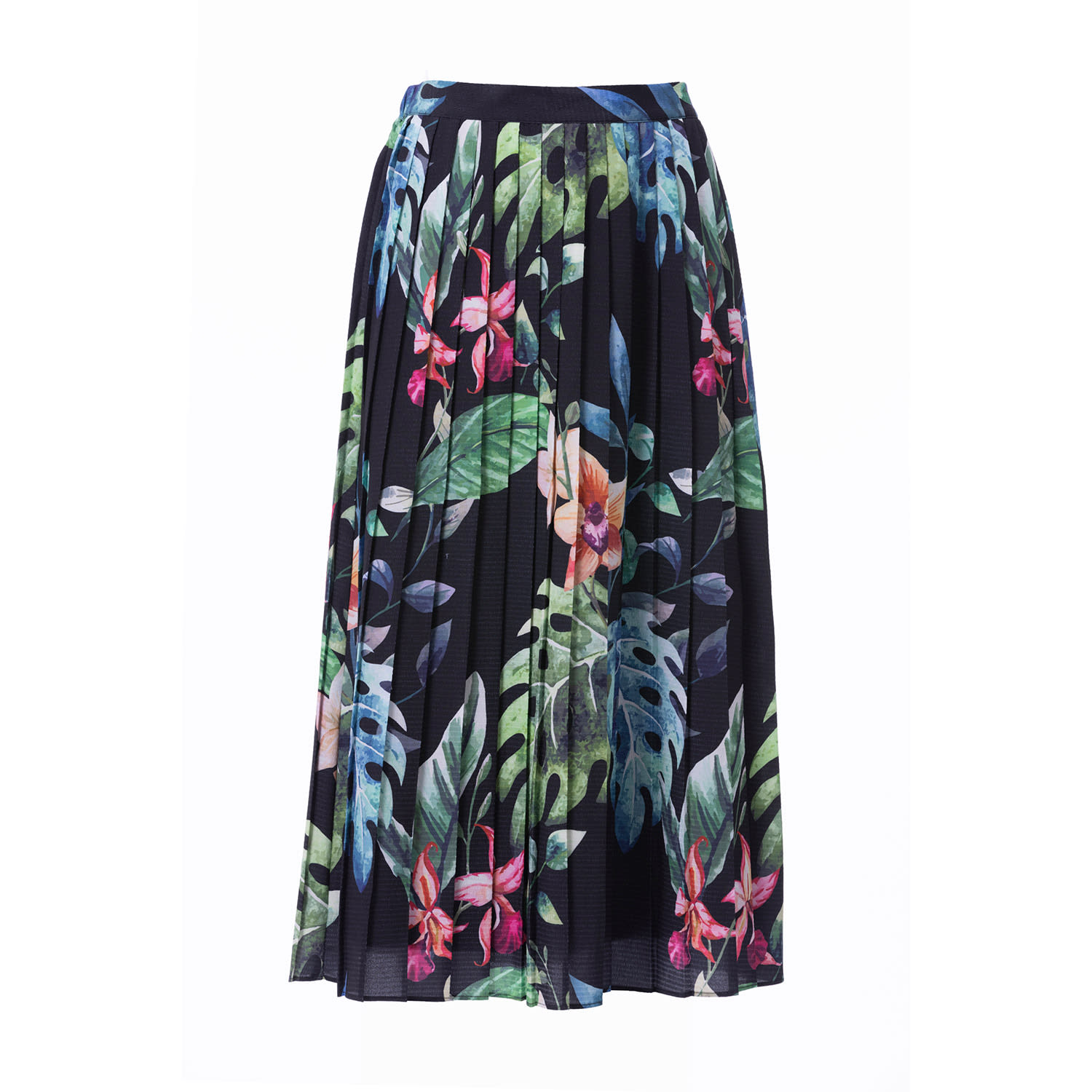 Carloslines Women's Black Pleated Midi Skirt In Multi-colored Palms Print