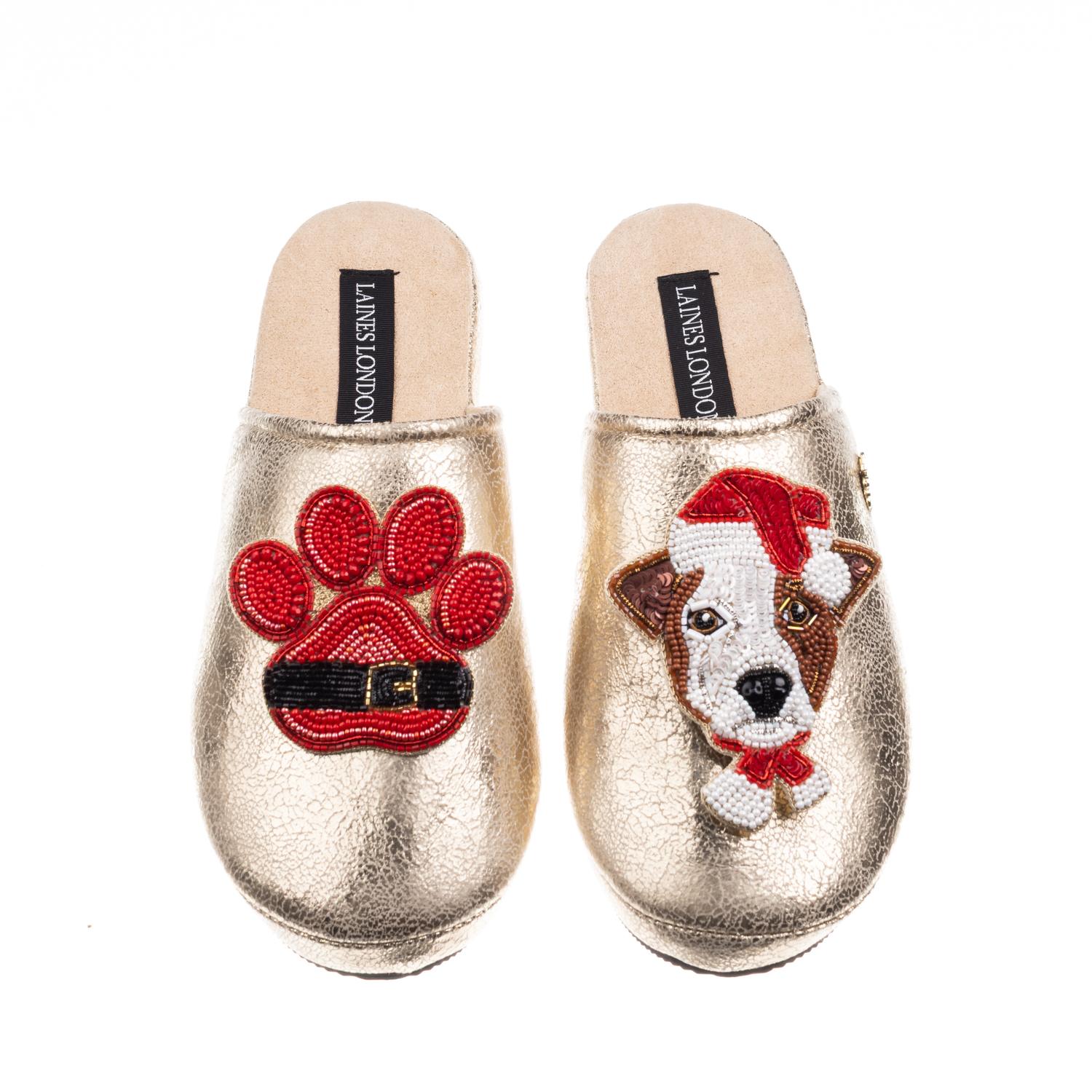 Laines London Women's Gold Softie Slippers With Christmas Jack Russell & Paw Brooches In Gold