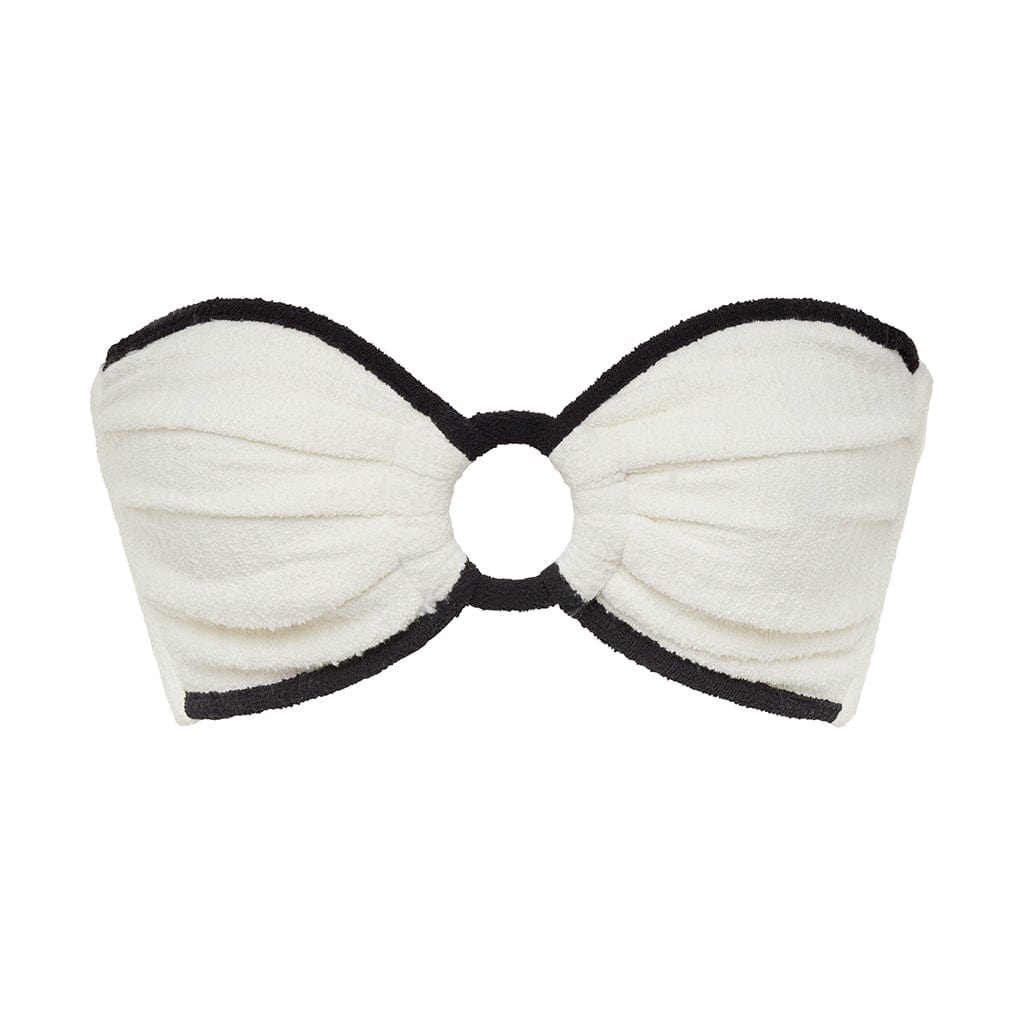 Montce Swim Women's White Cream Black Binded Terry Rib Tori Ties Bandeau Bikini Top In White