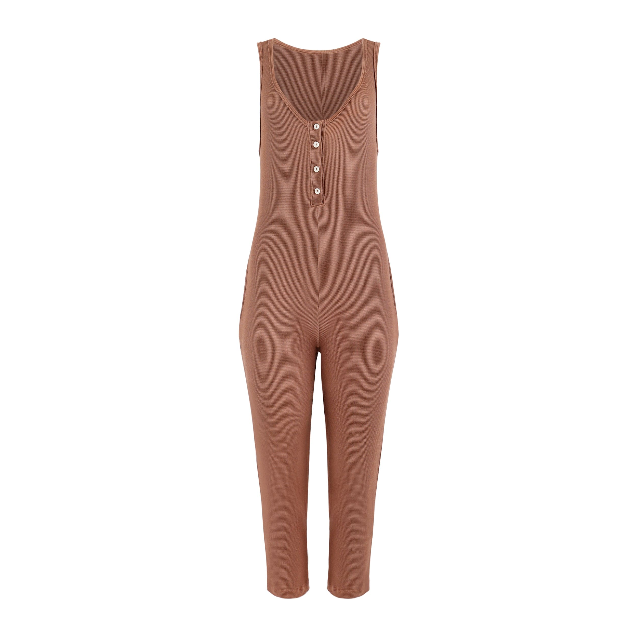 Women’s Costa Organic Cotton Waffle Thermal Pocketed Jumpsuit - Cocoa Large Lezat