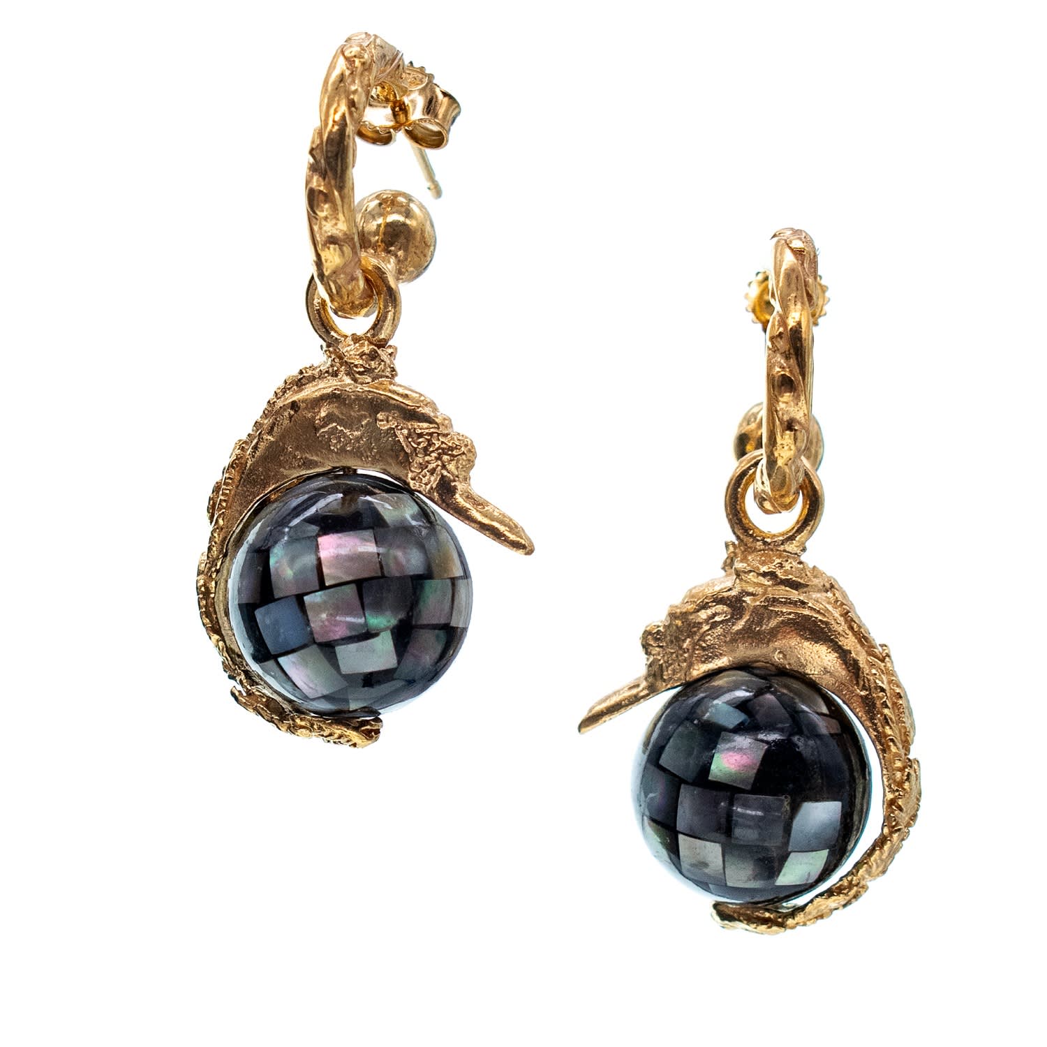Gem Kingdom Women's Black / Gold Gold Plated Earrings With Swan And White Mother Of Pearl In Gold