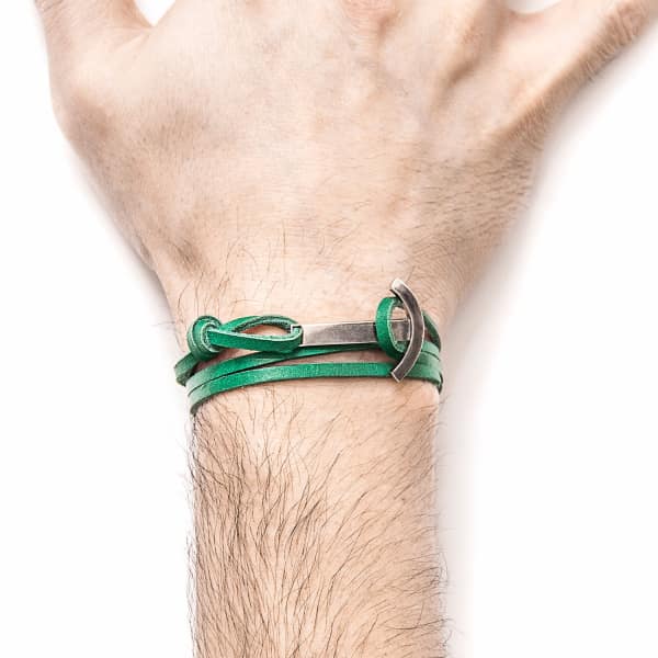 ANCHOR & CREW Fern Green Clipper Silver & Leather Bracelet