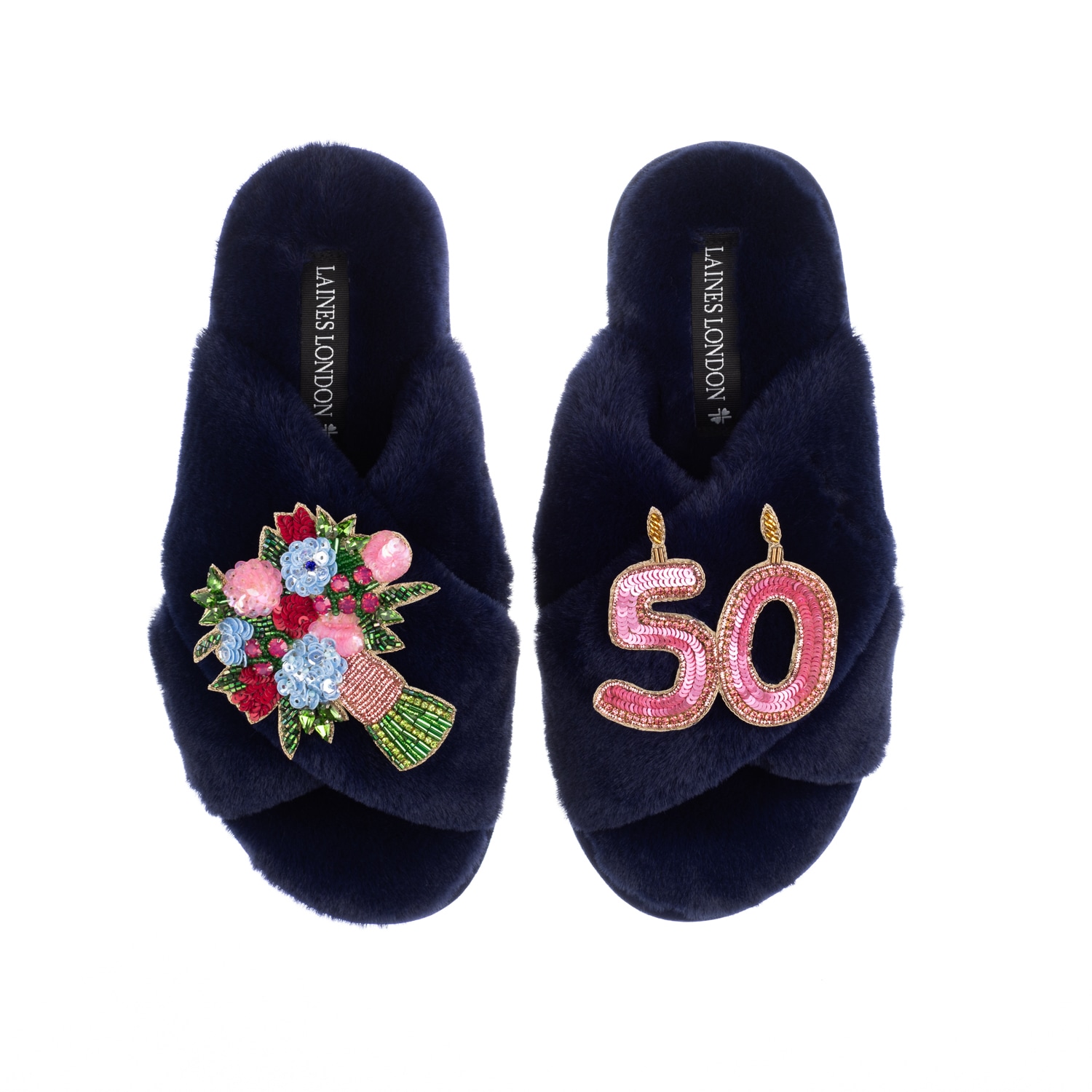 Laines London Women's Blue Classic Laines Slippers With 50th Birthday & Flowers Brooches - Navy In Blue