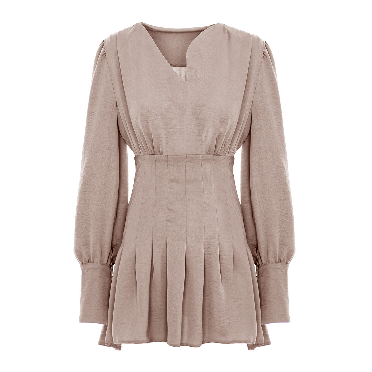 Bluzat Women's Neutrals Beige Mini Dress With Pleats And Asymmetrical Cut Neck