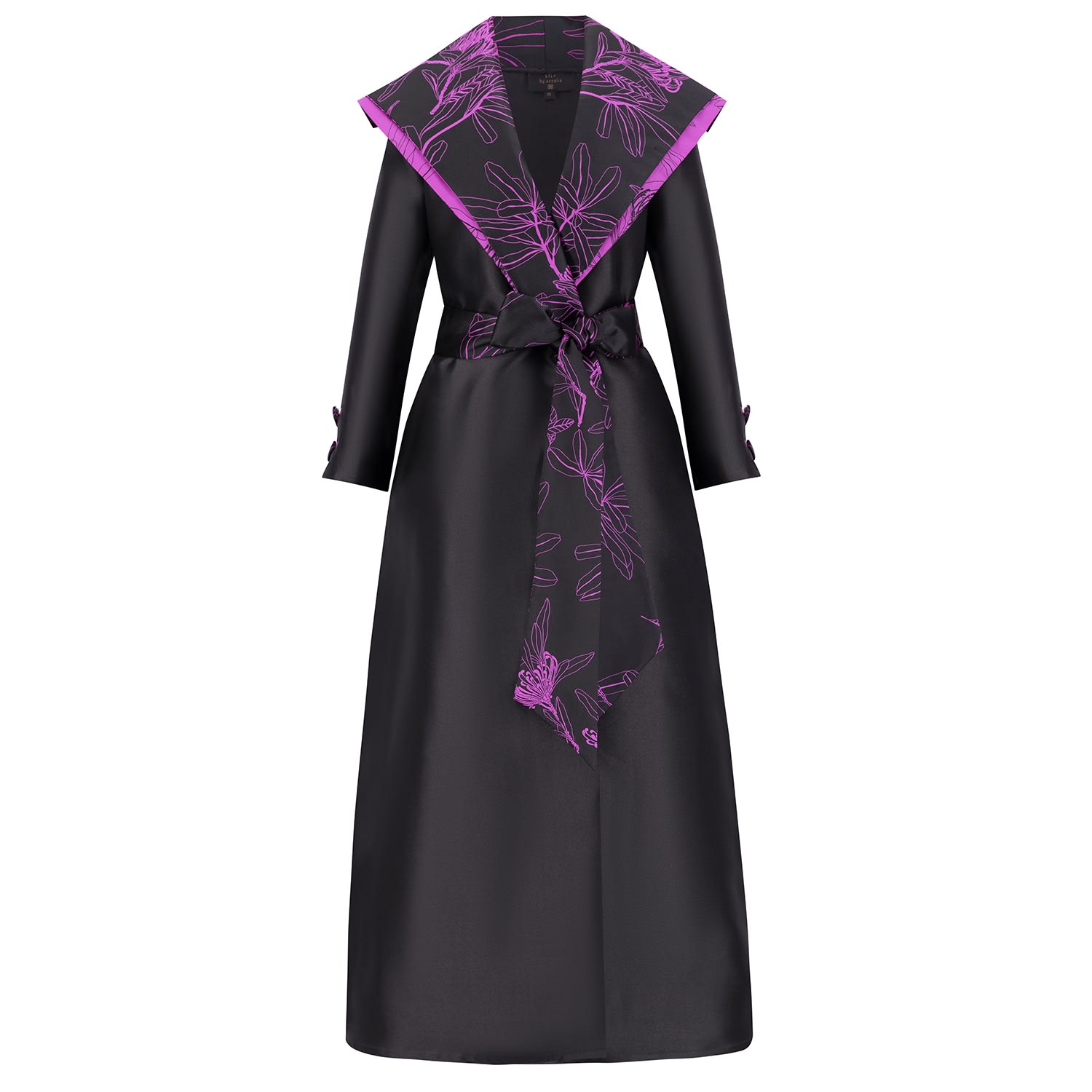 Women’s Mikado Coat Abaya With Printed Jacquard Collar And High Waist Belt- Black Medium Azzalia