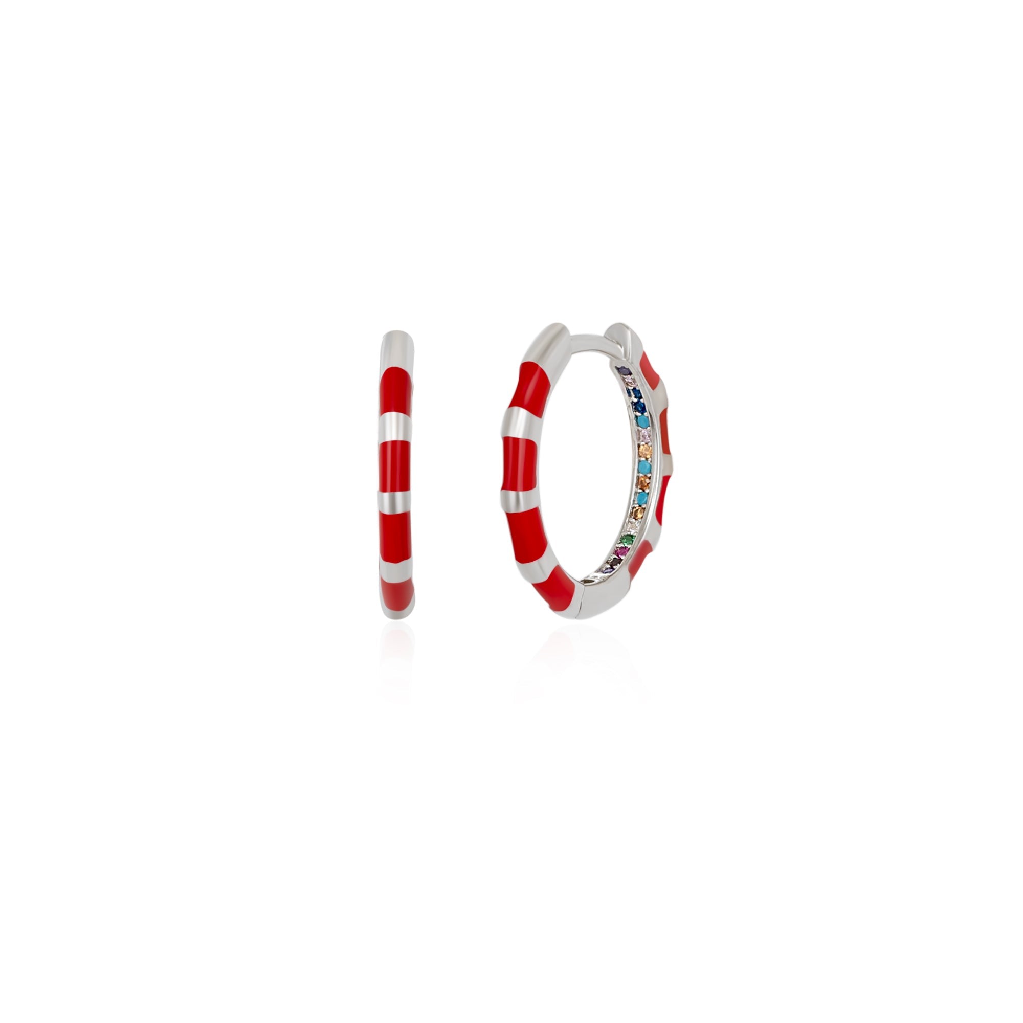 Women’s Red / Silver Enamel Red Fine Stripe Sterling Silver Hoop Earrings With Multi Color Zirconia Interior Spero London