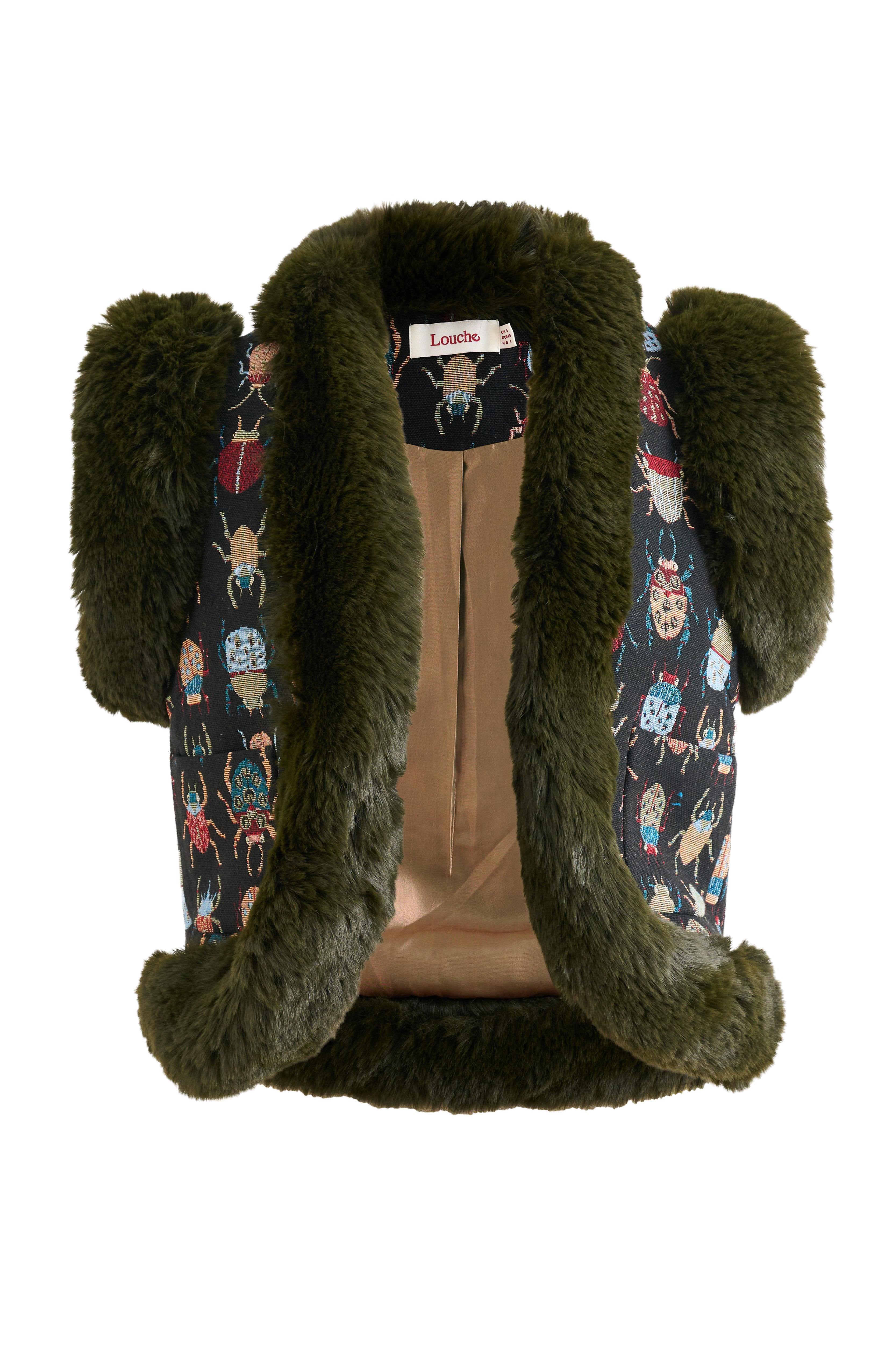 Louche Women's Dominica Beetlejuice Jacquard Faux Fur Trimmed Waistcoat In Green