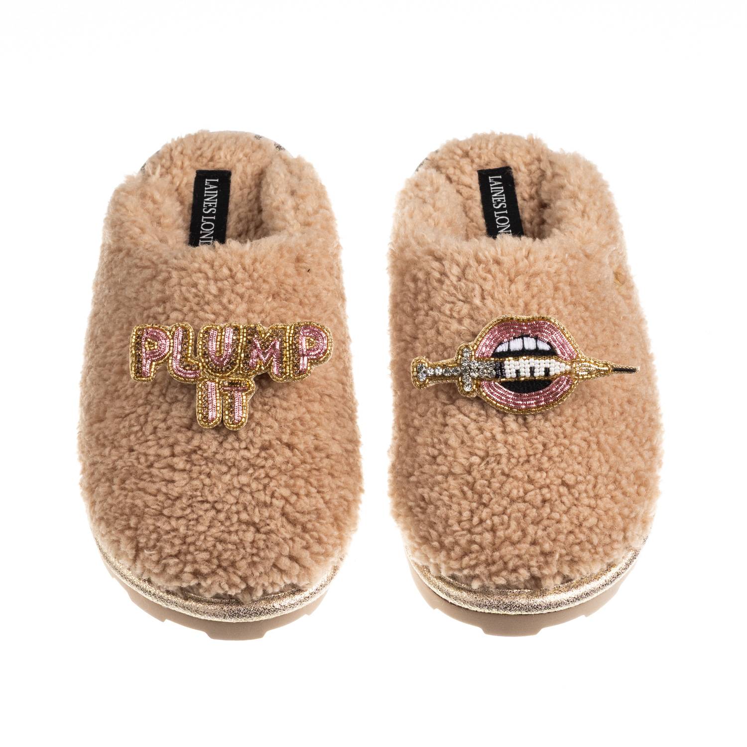Laines London Women's Brown / Neutrals Teddy Closed Toe Slippers With Plump It Pout Brooches - Toffee In Brown