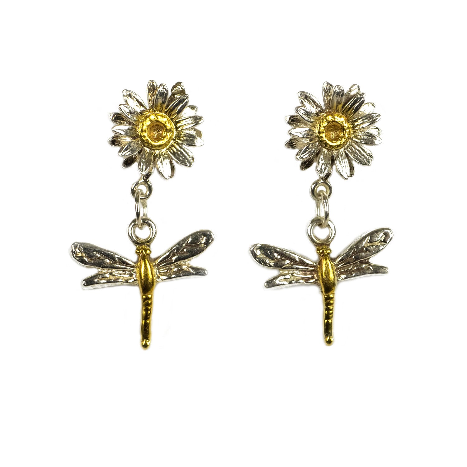 Simon Kemp Jewellers Women's Dragonfly And Daisy Stud Earrings Eighteen Carat Gold On Solid Sterling Silver.