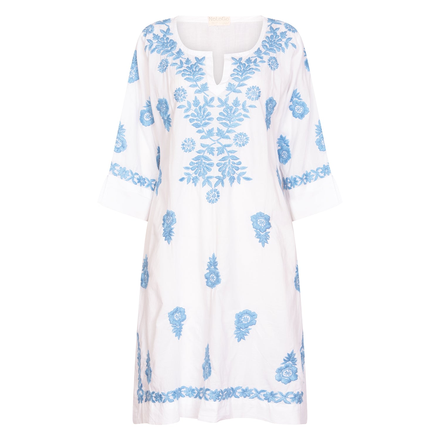 Nologo-chic Women's White Harriet Dress With Blue Hand Embroidery In White