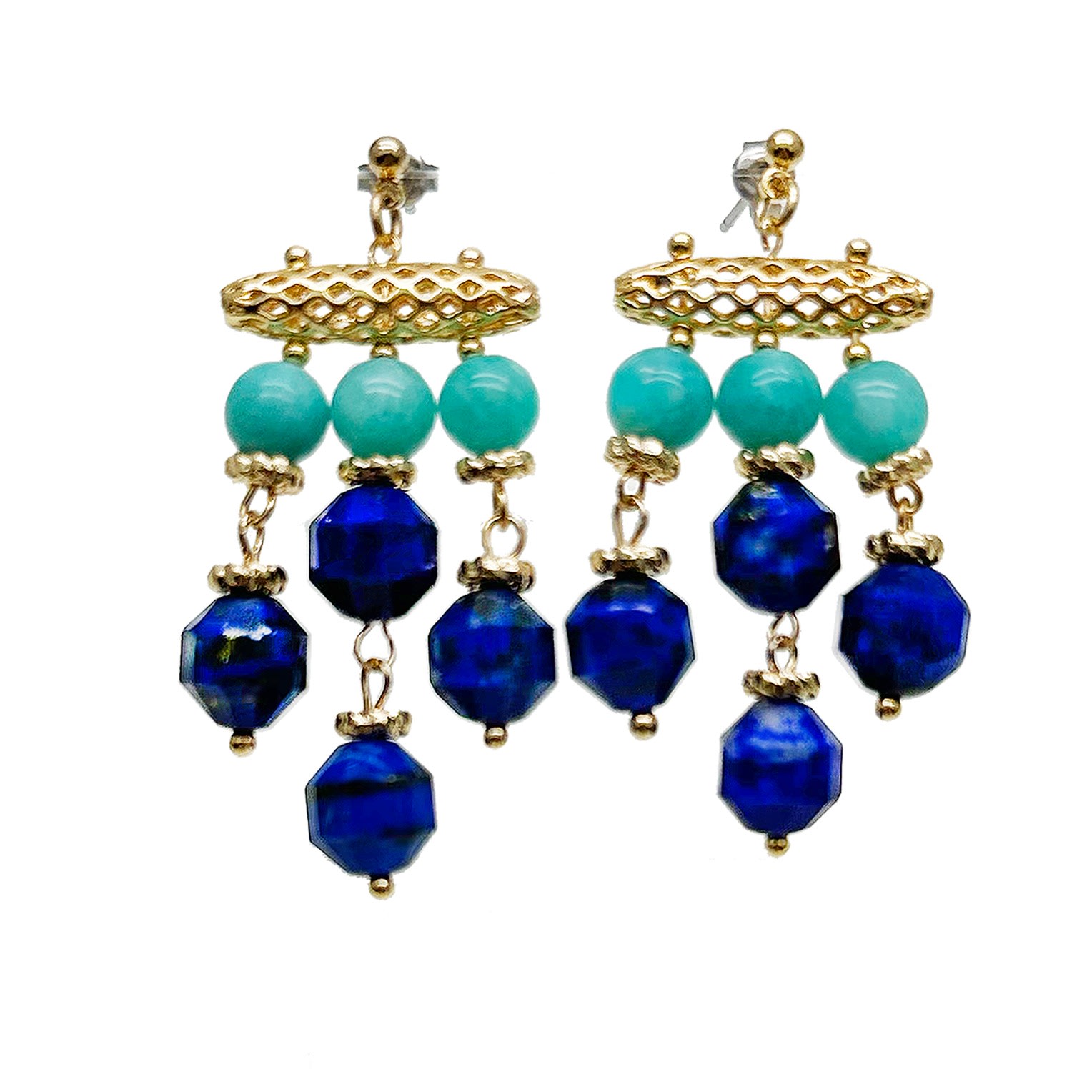 Farra Women's Blue Bohemia Style Green Amazoniite And Lapis Tassel Earrings