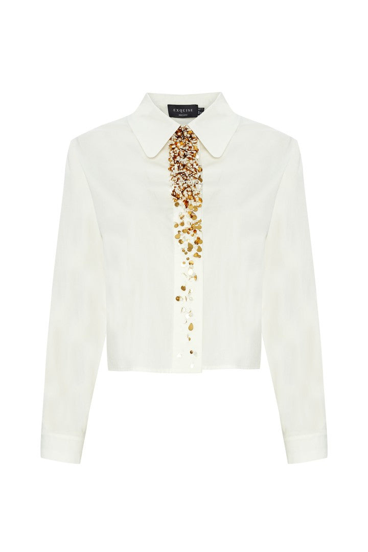 Exquise Women's Neutrals Regular Embroidered Cotton Shirt - Ecru In Sand