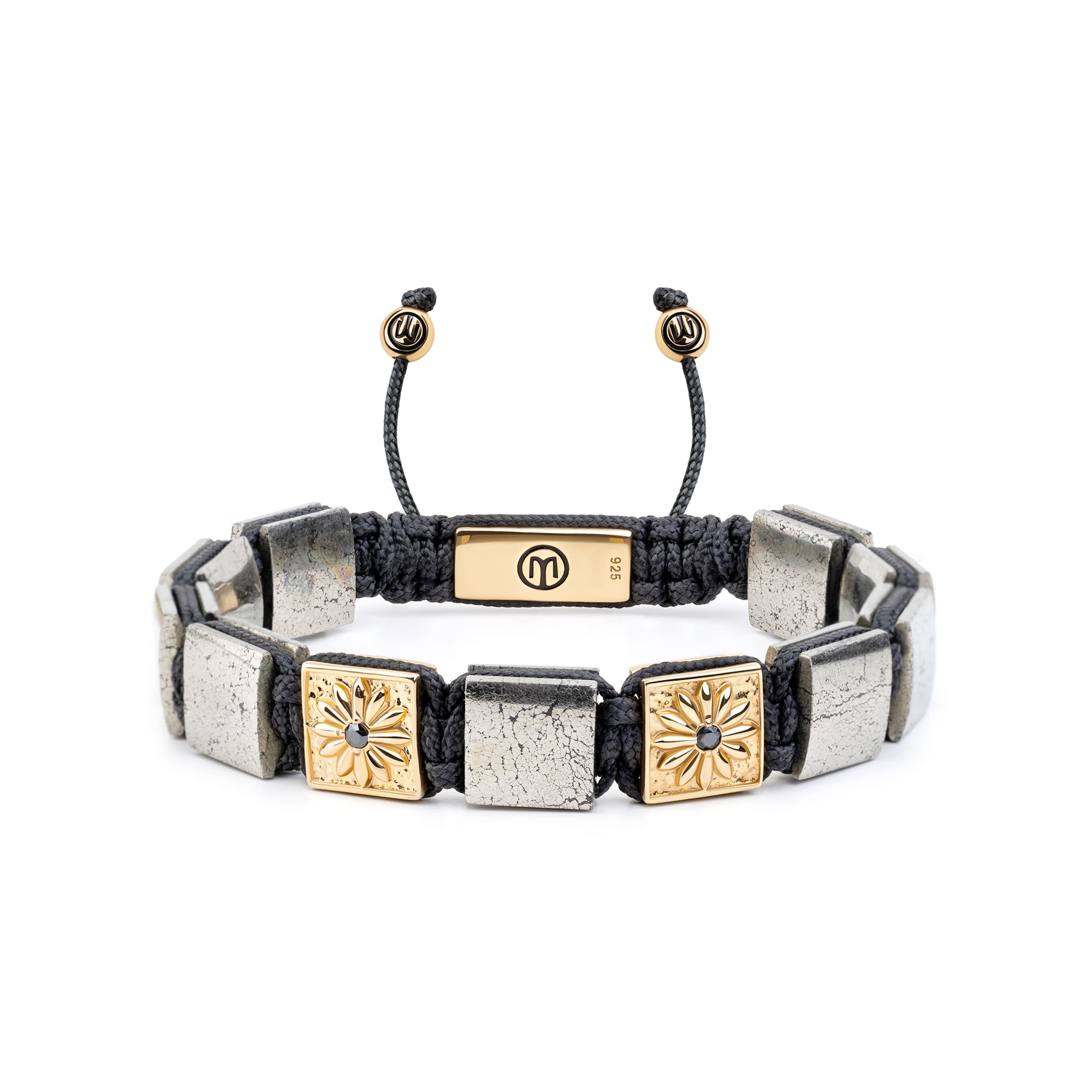 Mahigan Men's Black / Brown / Gold Macrame Bracelet In Gold With Pyrite & Black String
