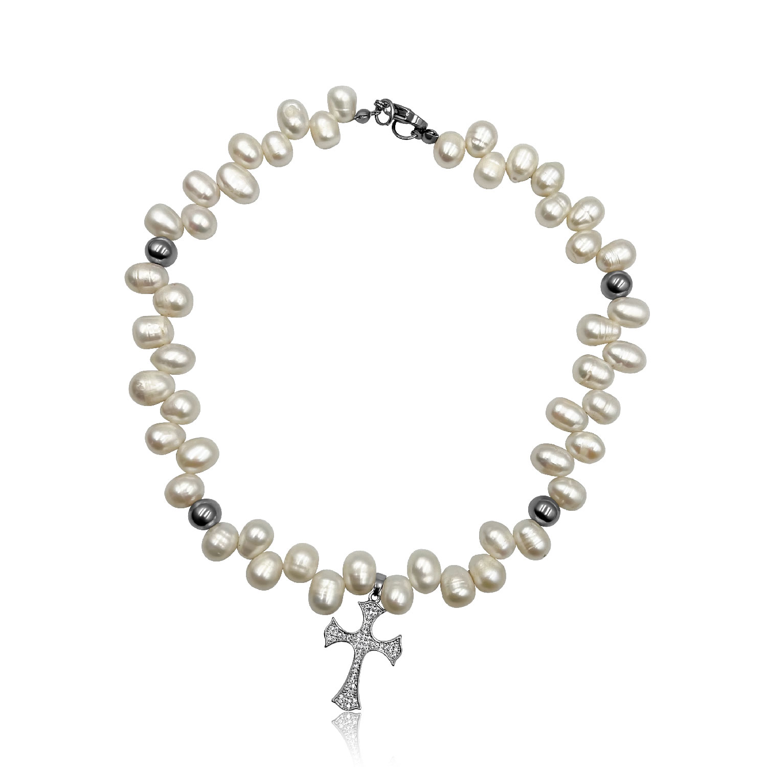 Women’s Silver Cross Pearl Necklace Androhmeda Jewelry