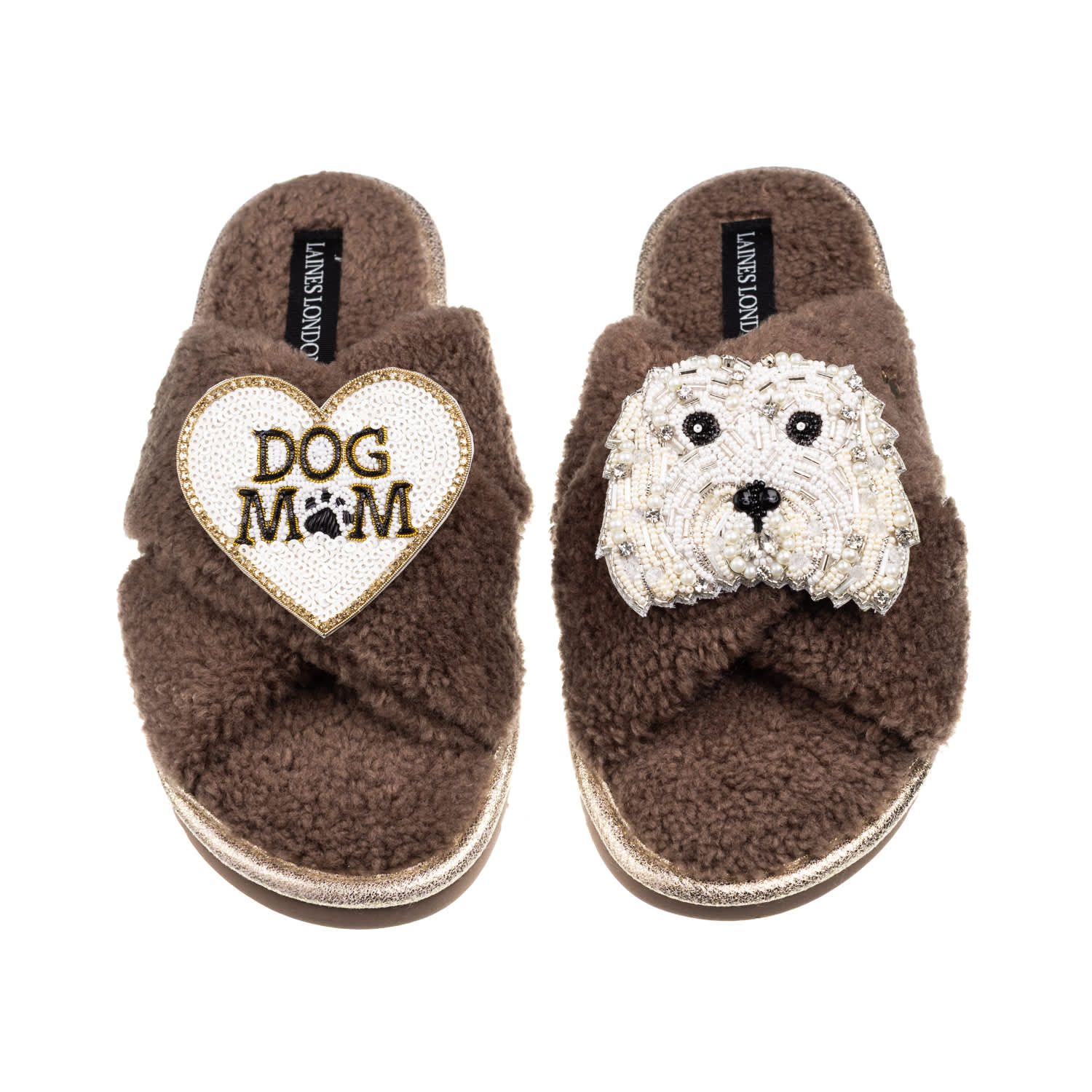 Laines London Women's Neutrals / Brown Laines Neutral Boucle Slippers With Queenie & Dog Mum / Mom Brooches - Mink