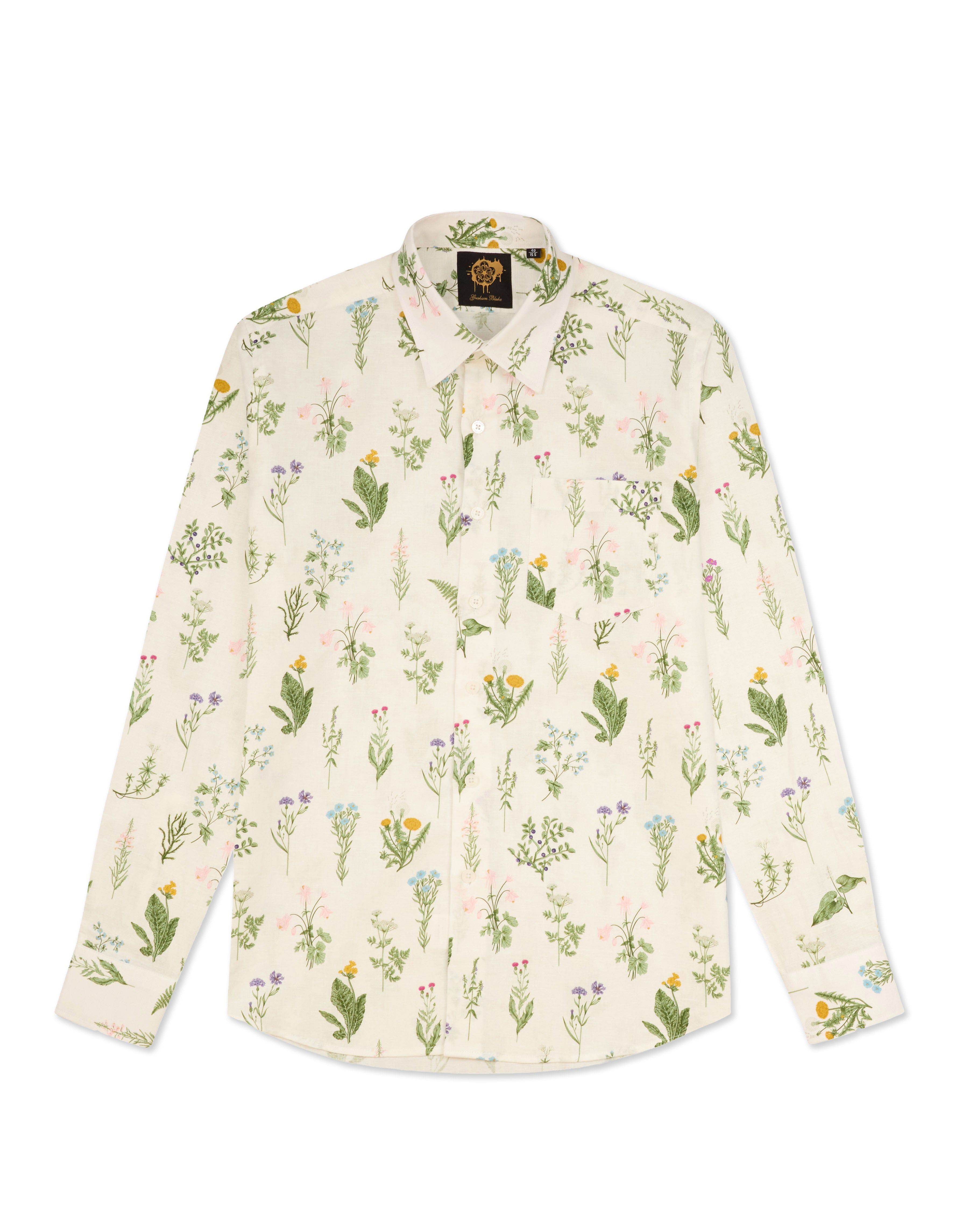 Gresham Blake Men's Neutrals Wild Flowers Linen Shirt In White
