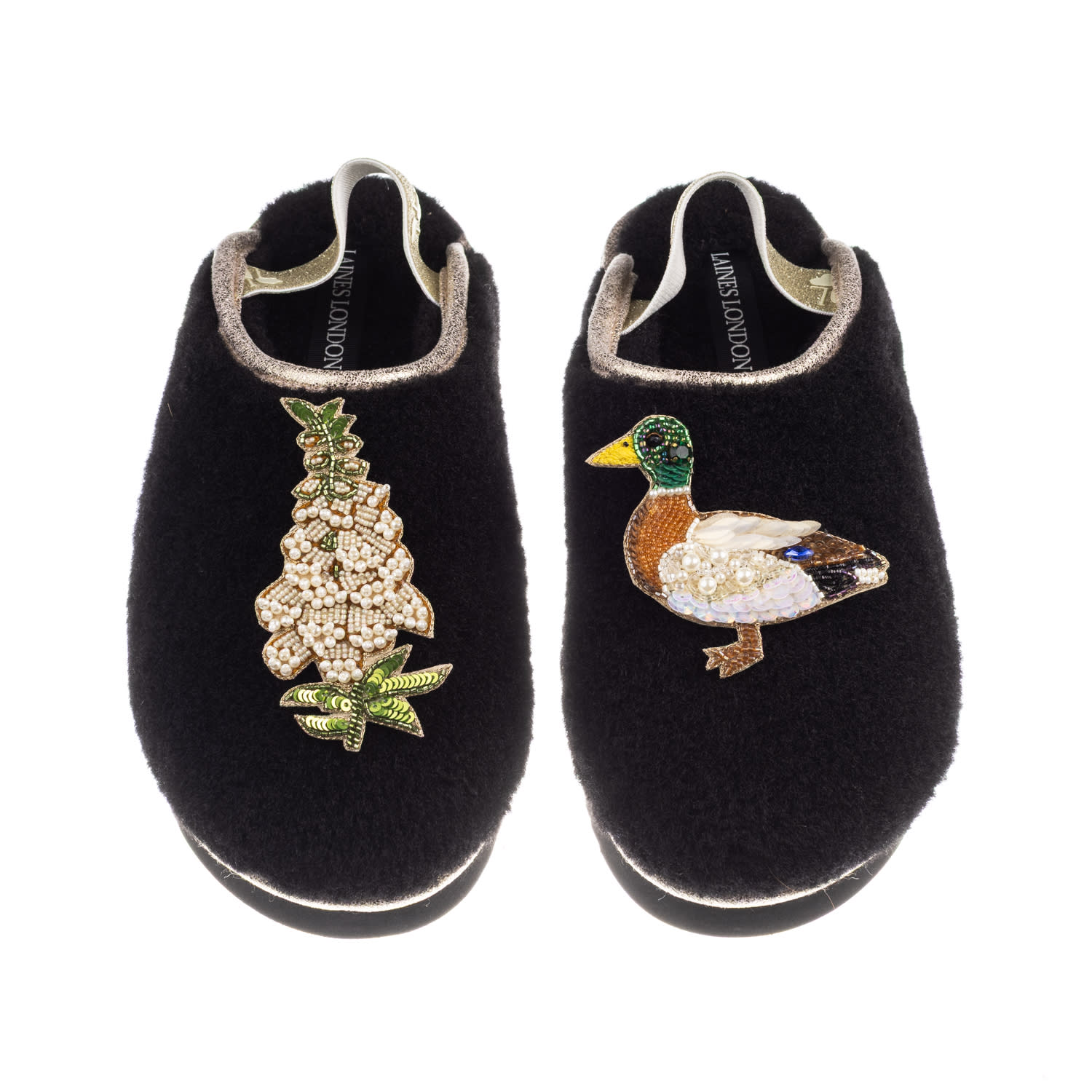Women&rsquo;s Black / Gold Flatform Cloud Closed Toe Slippers With Duck & White Foxglove Flower Brooches - Black | Large | Laines London