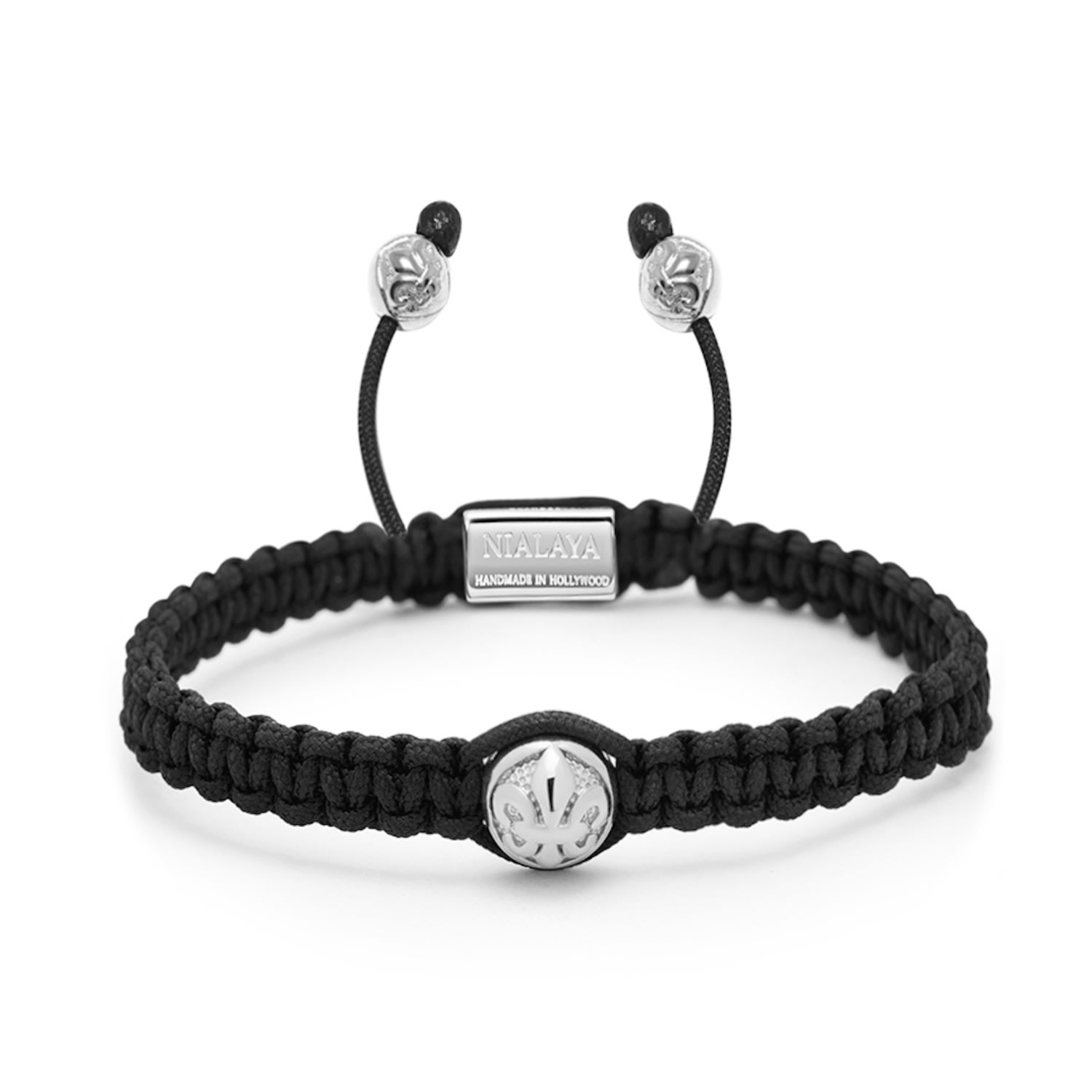 Nialaya Black / Silver Mens Black String Bracelet With Silver Logo Bead