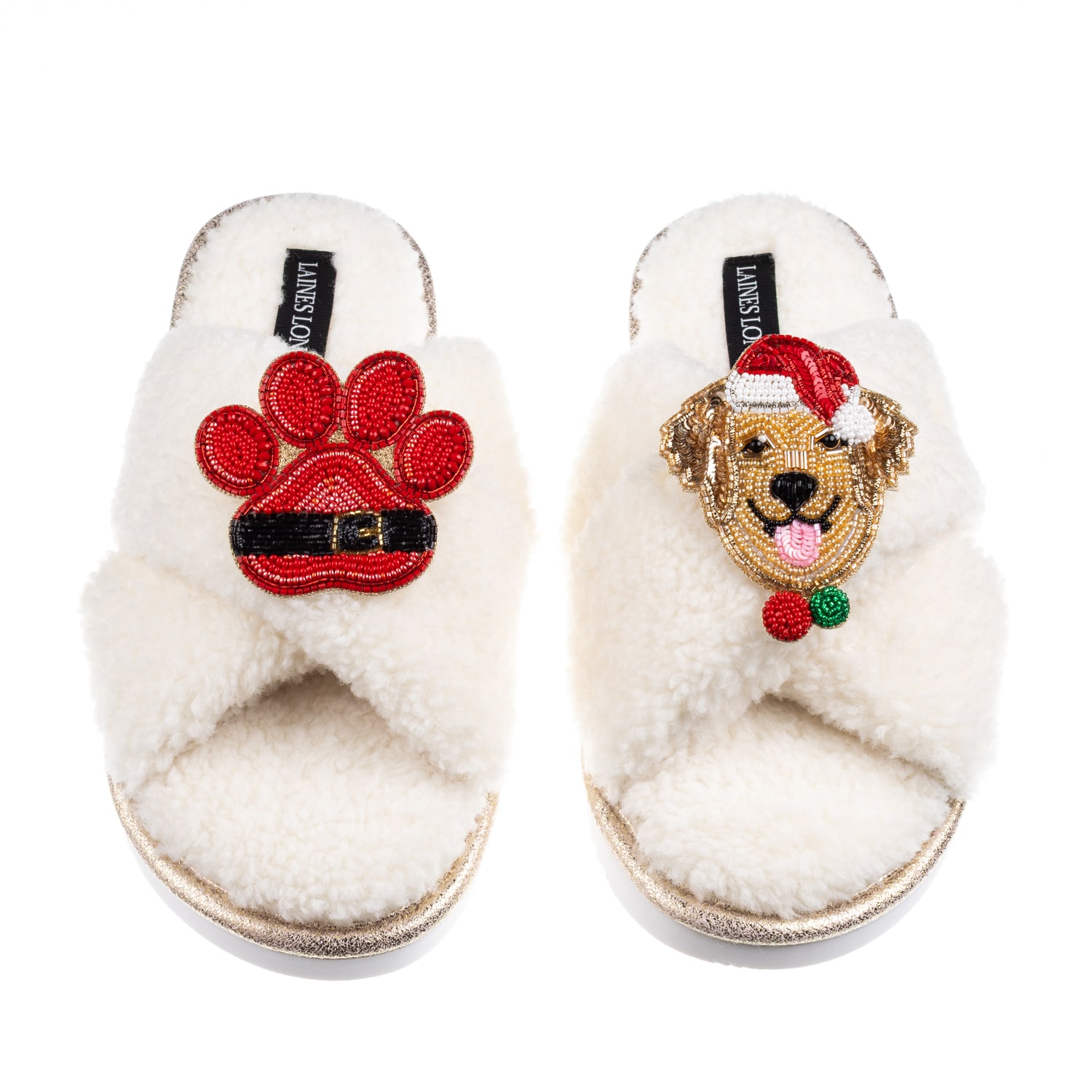 Laines London Women's Neutrals / White Laines Boucle Slippers With Christmas Golden Retriever & Paw Brooches - Cre In White