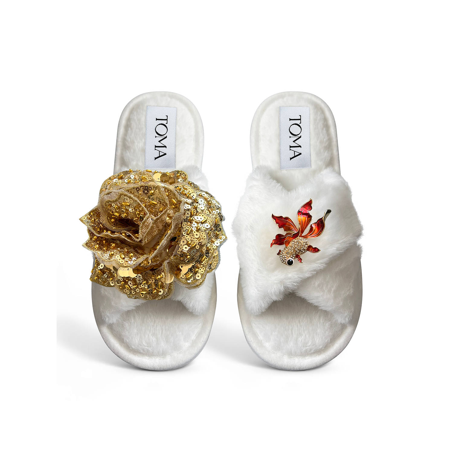 Toma Women's White Classic  Faux Fur Open Toe Gold Sequin And Brooch Slippers