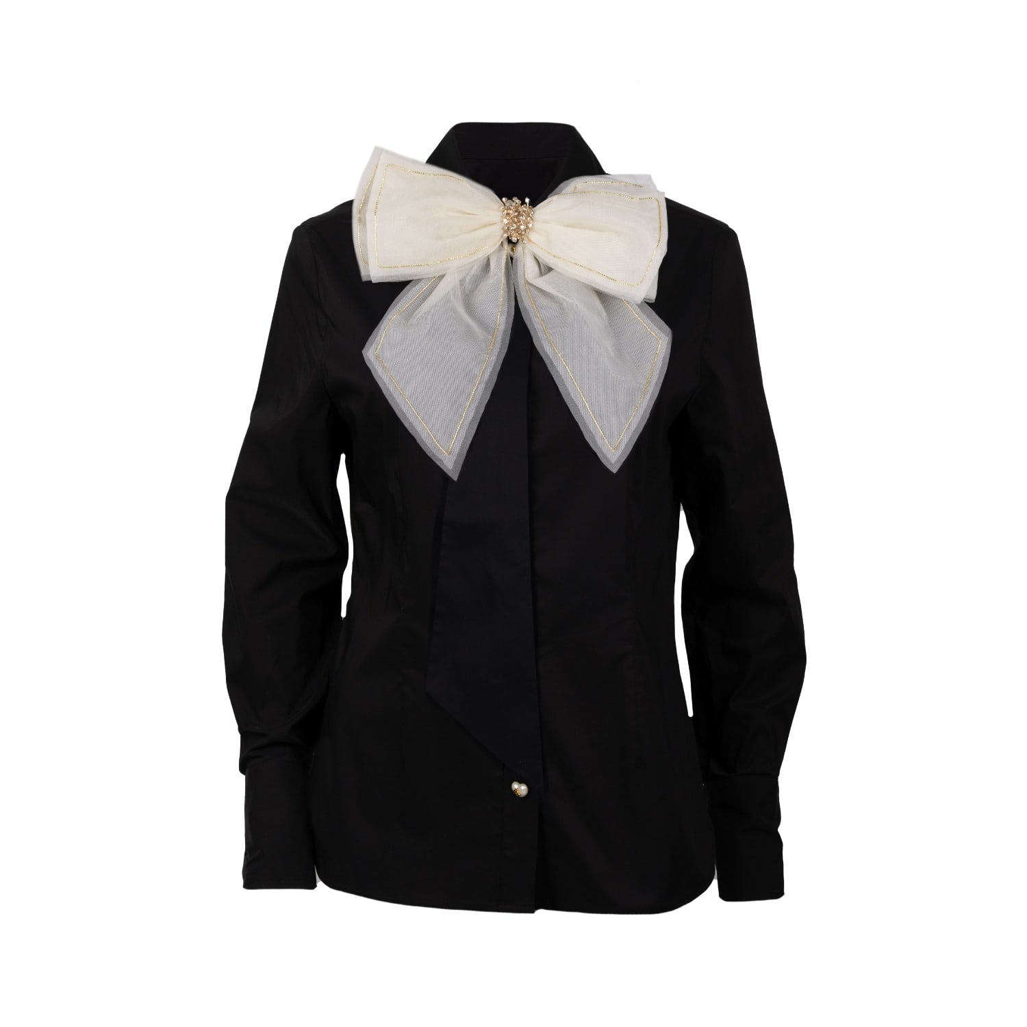 Laines London Women's Black / Gold Laines Couture Black Tie Shirt With Embellished Cream & Gold Bow In Black