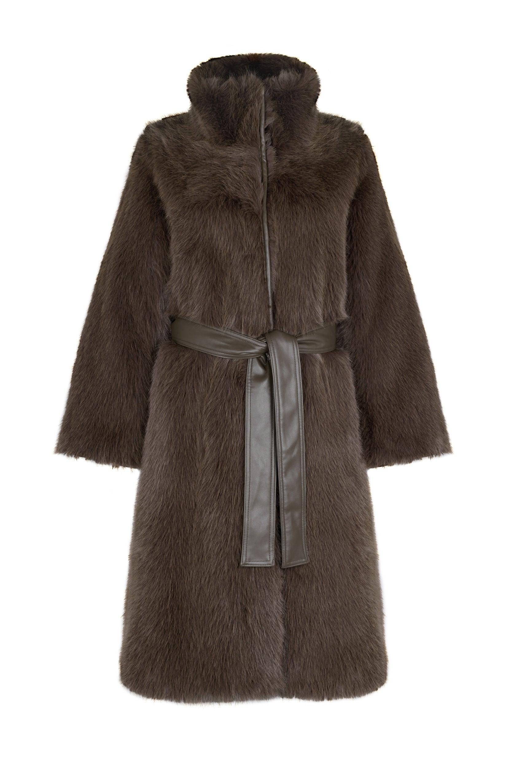 Issy London Women's Cleo Luxe Recycled Vegan Faux Fur Belted Coat Brown In Brown