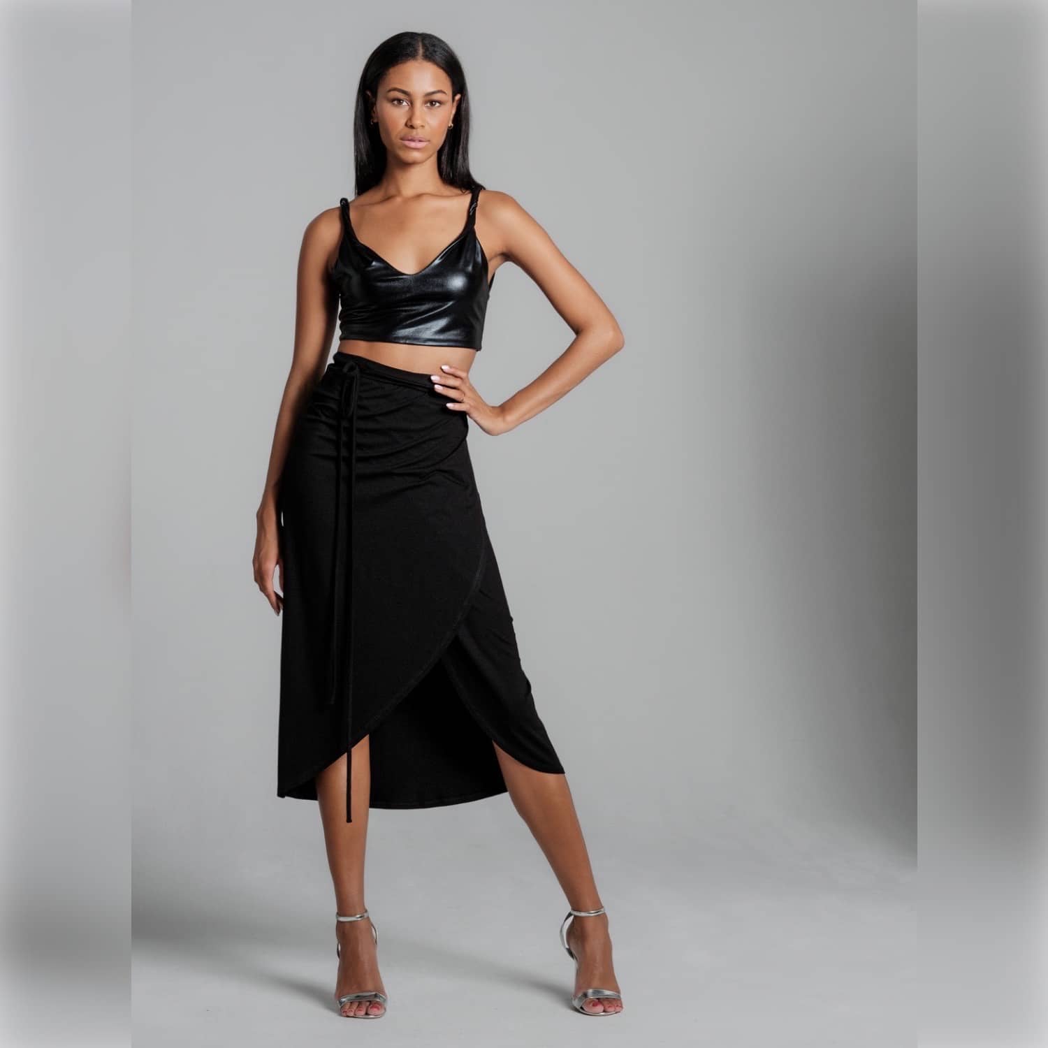 Drape Black Wrap Skirt One Size - Multi-Way Asymmetrical Midi