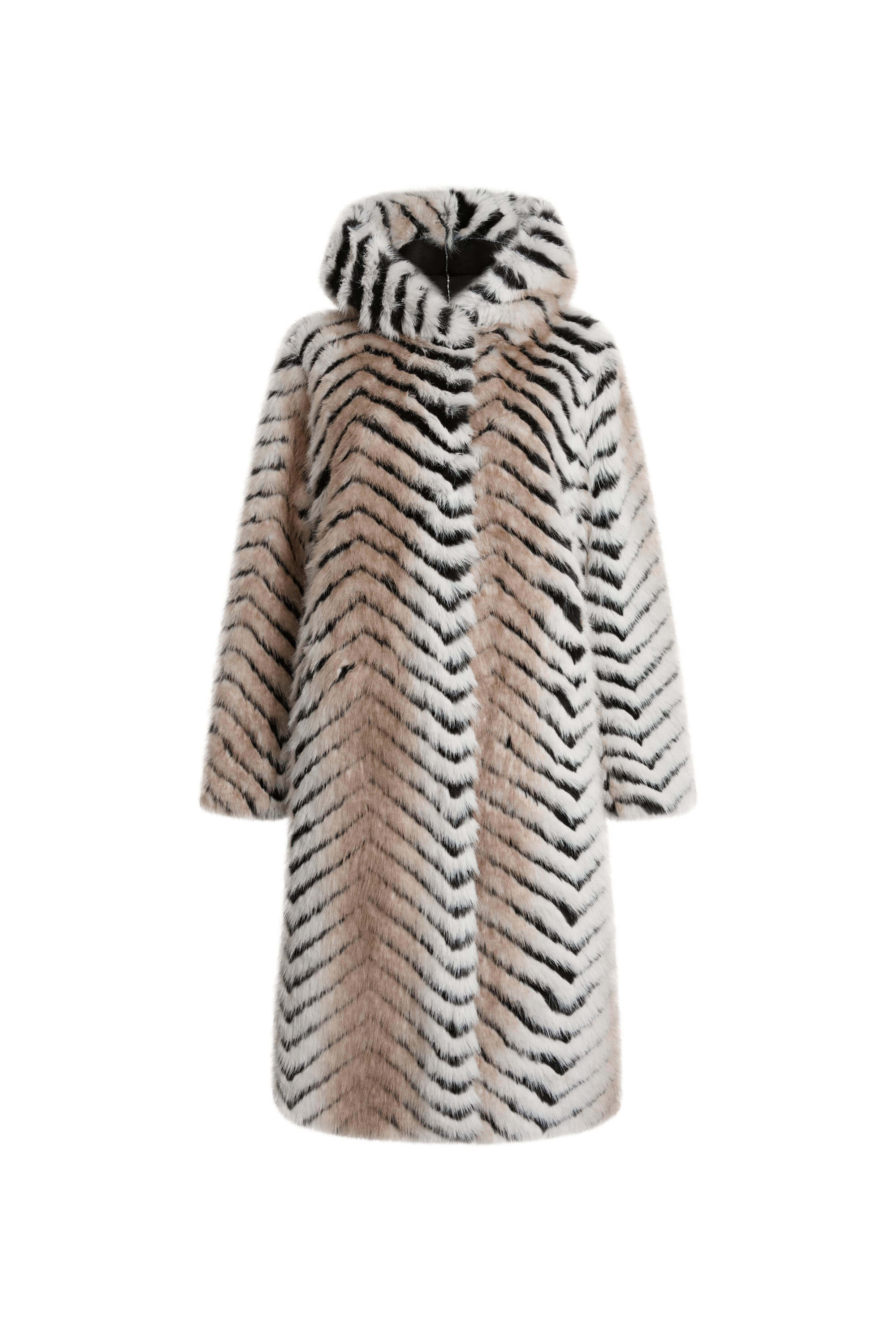 James Lakeland Women's Faux Fox Belted Long Coat In Beige/black/white