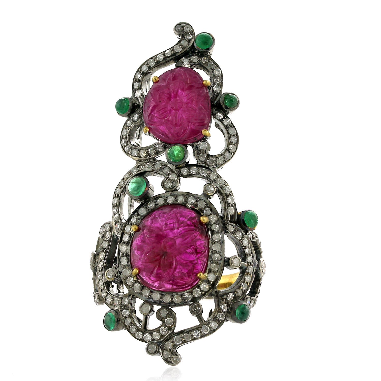 Women’s White / Green / Silver Emerald Ruby Pave Diamond 18Kt Gold Long Ring 925 Sterling Silver Jewelry Artisan