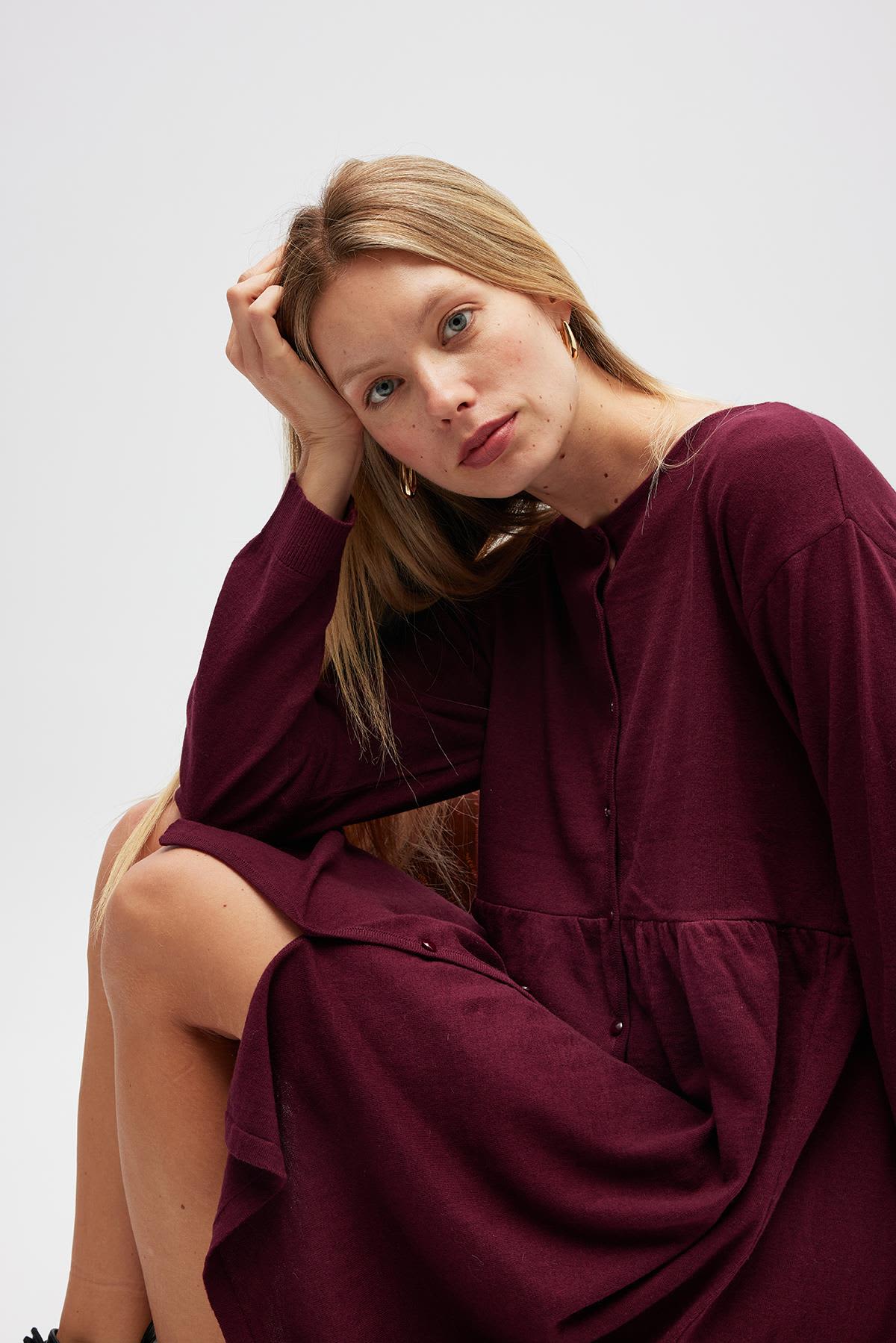 Leah Shirred Mini Knit Dress In Burgundy | Peraluna | Wolf & Badger