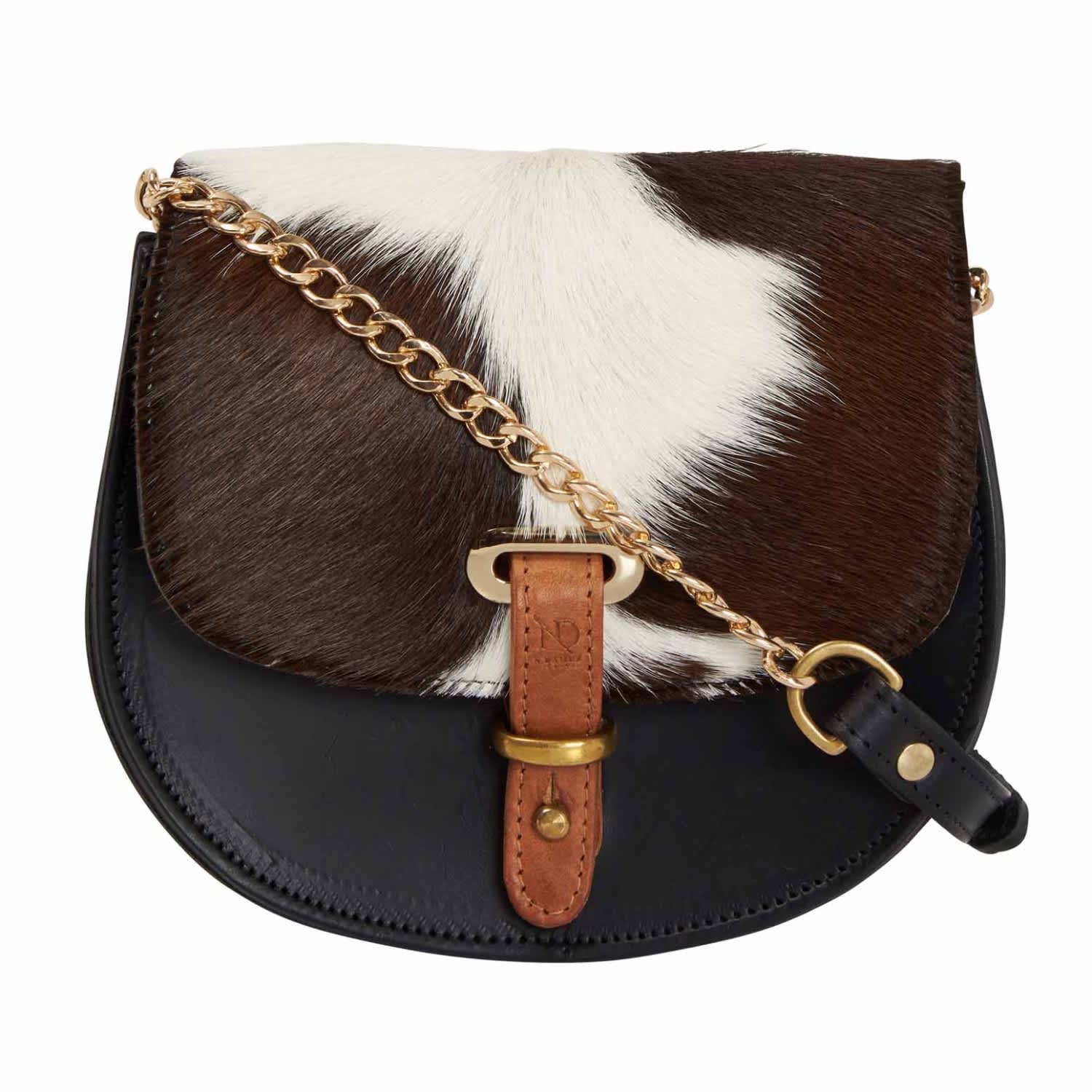 black leather bag with gold chain