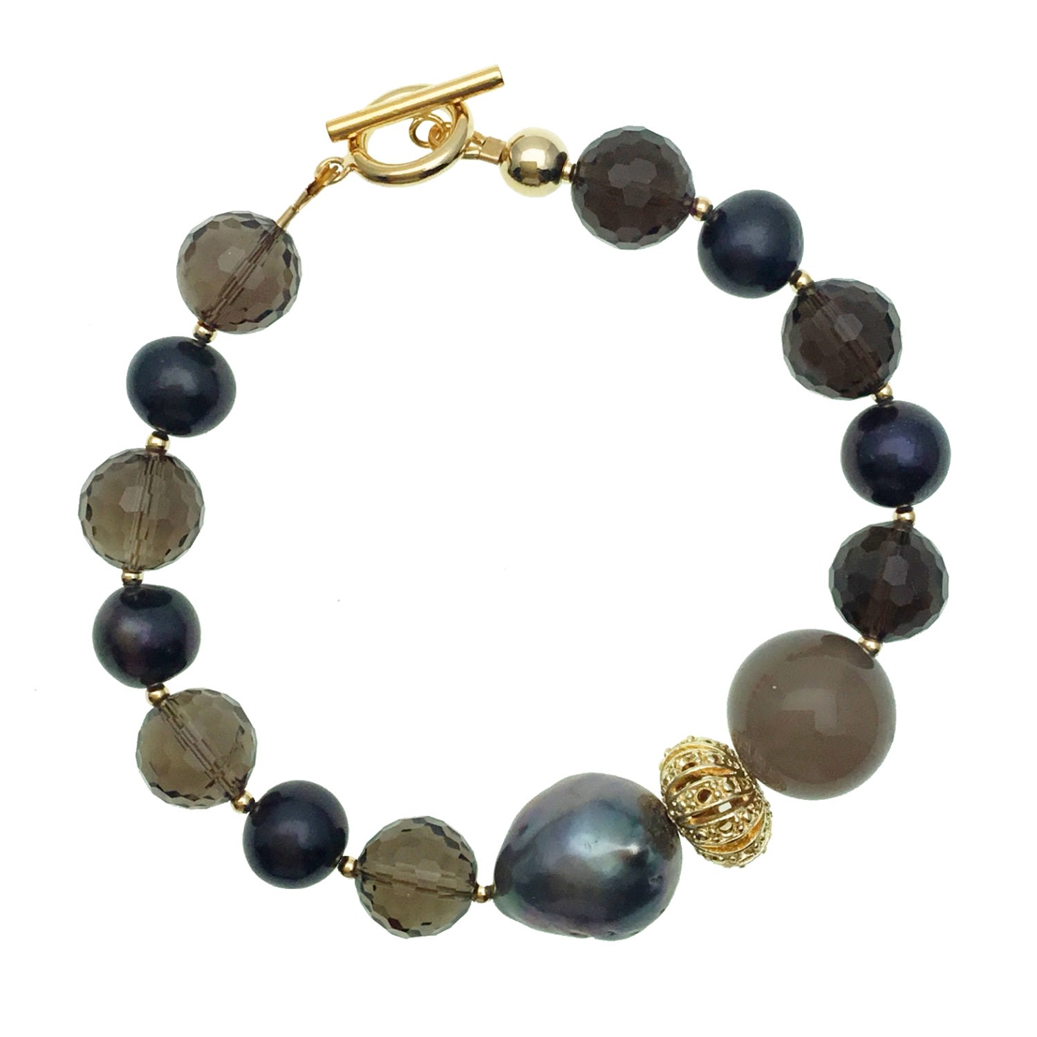 Farra Women's Black Pearls With Baroque & Smoky Quartz Bracelet