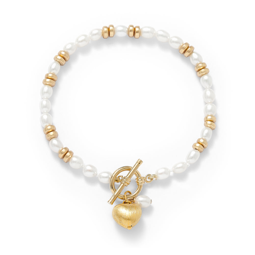 Pearls Of The Orient Online Women's Gold / White Amare White Cultured Freshwater Pearl Bracelet With Gold Hematite Beads & A Gol In Multi
