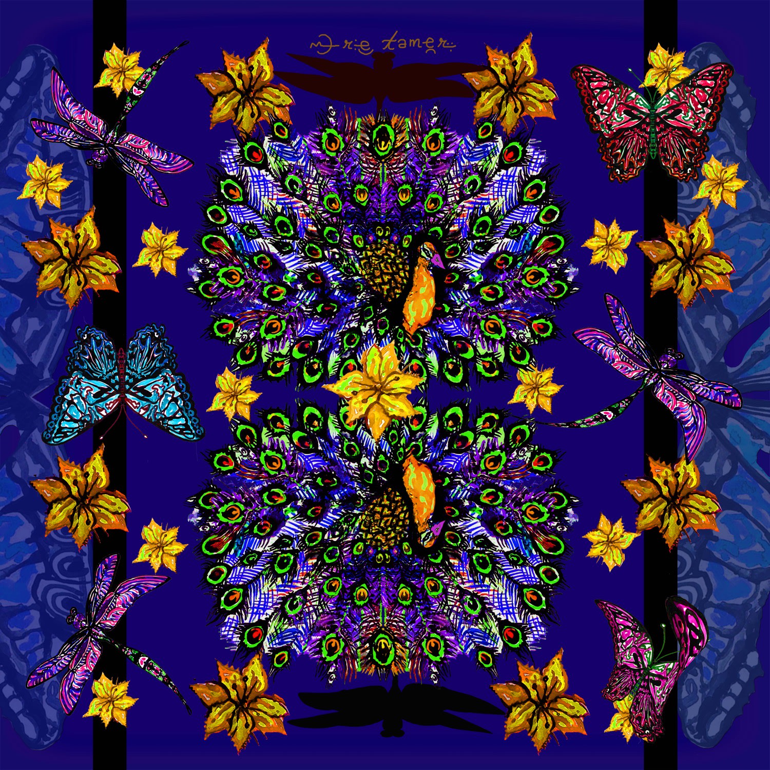 Men’s Blue / Yellow / Orange Unisex-Silk Scarf- Peacock Emre Tamer-London