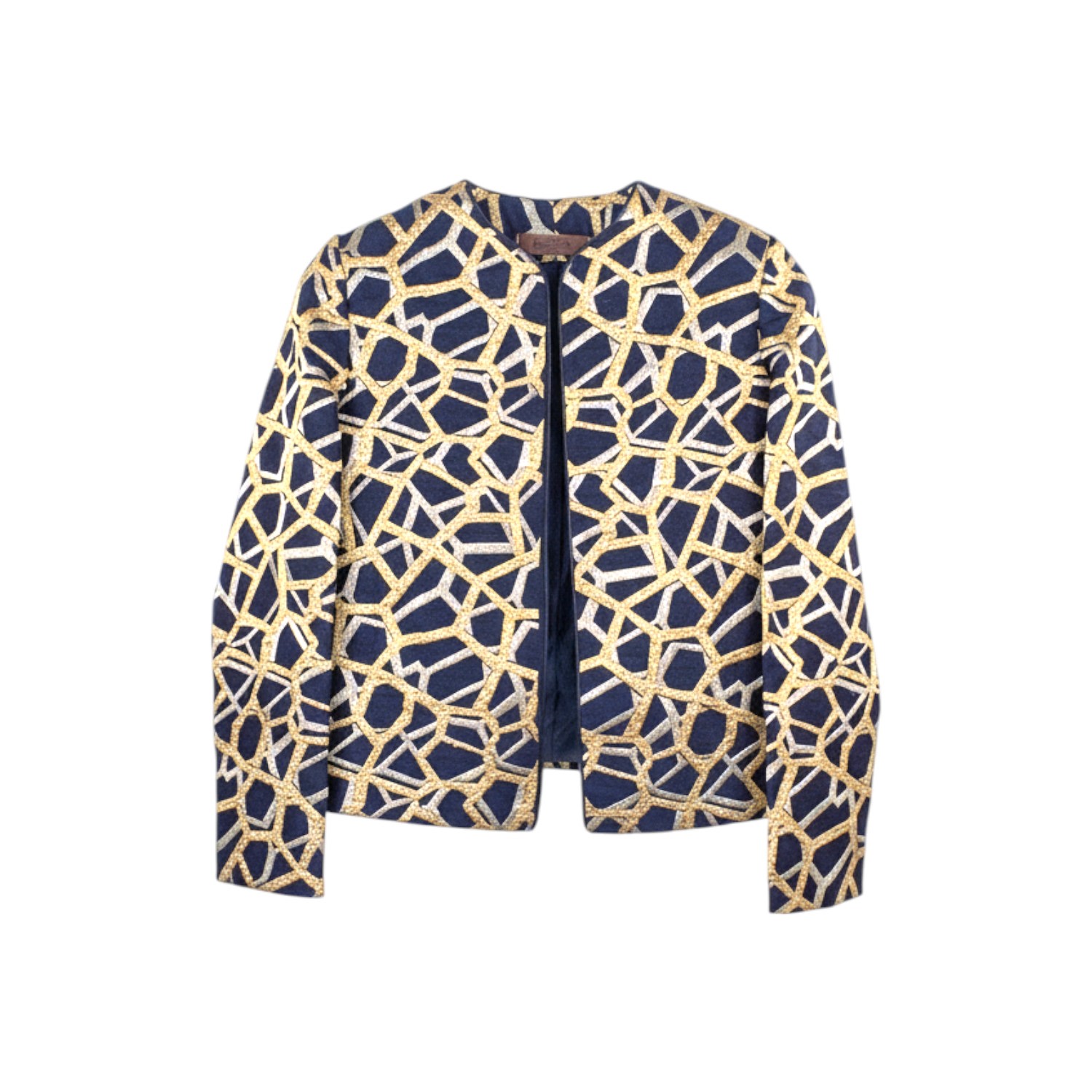 Women's Blue Embroidered Tussar Silk Jacket - Gold & Silver, Open Front Coat - Statement Piece | Extra Small | Stovaria
