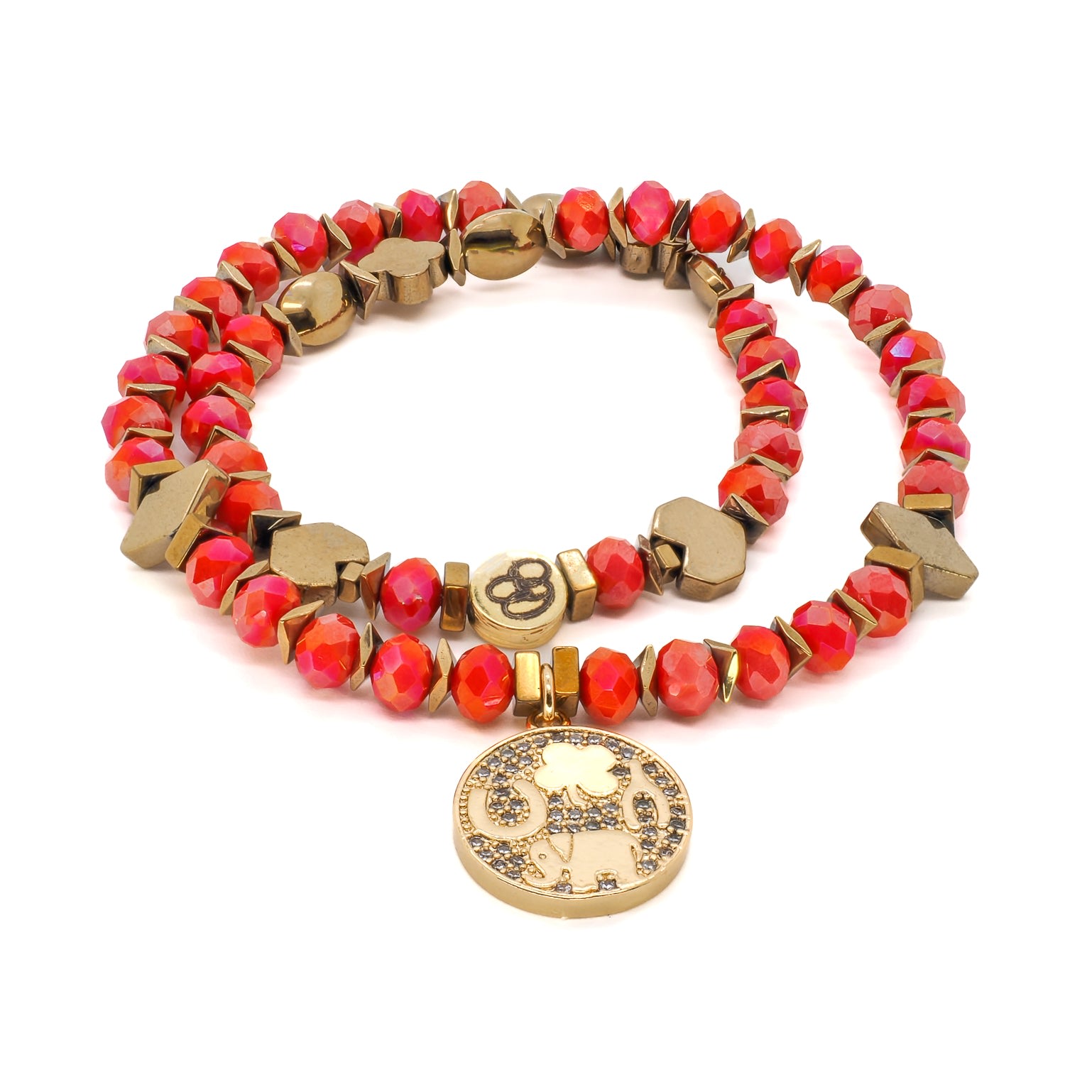 Ebru Jewelry Women's Gold / Red Lucky & Protection Symbol Charm Double Beaded Red Bracelet - Red