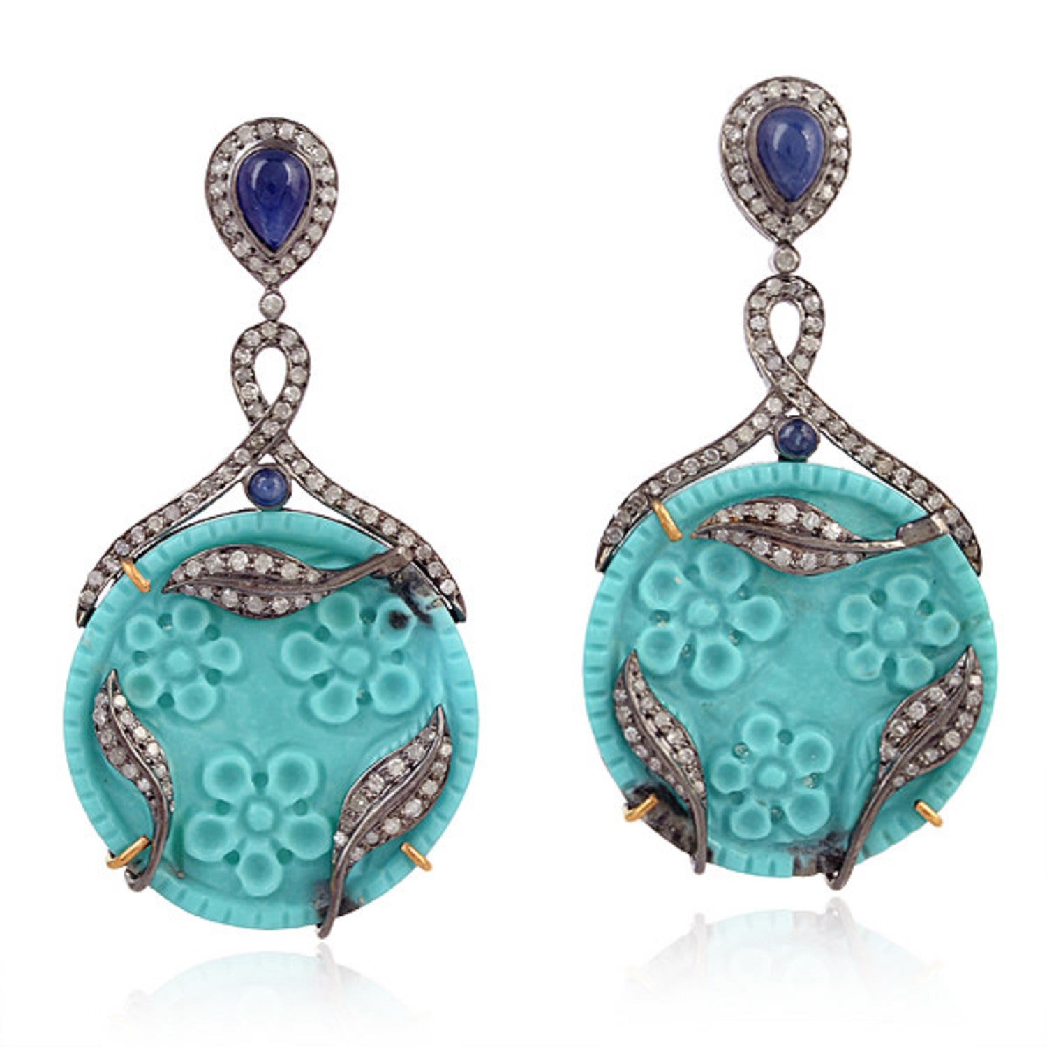 Women’s Gold / Blue Carved Turquoise & Blue Sapphire Pave Diamond In 18K Gold With Silver Designer Dangle Earrings Artisan